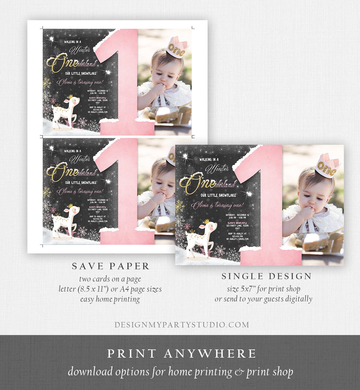 Editable Winter ONEderland Birthday Invitation First Birthday Snowflake Girl Pink Gold Deer Princess Crown Printable Template Corjl 0034