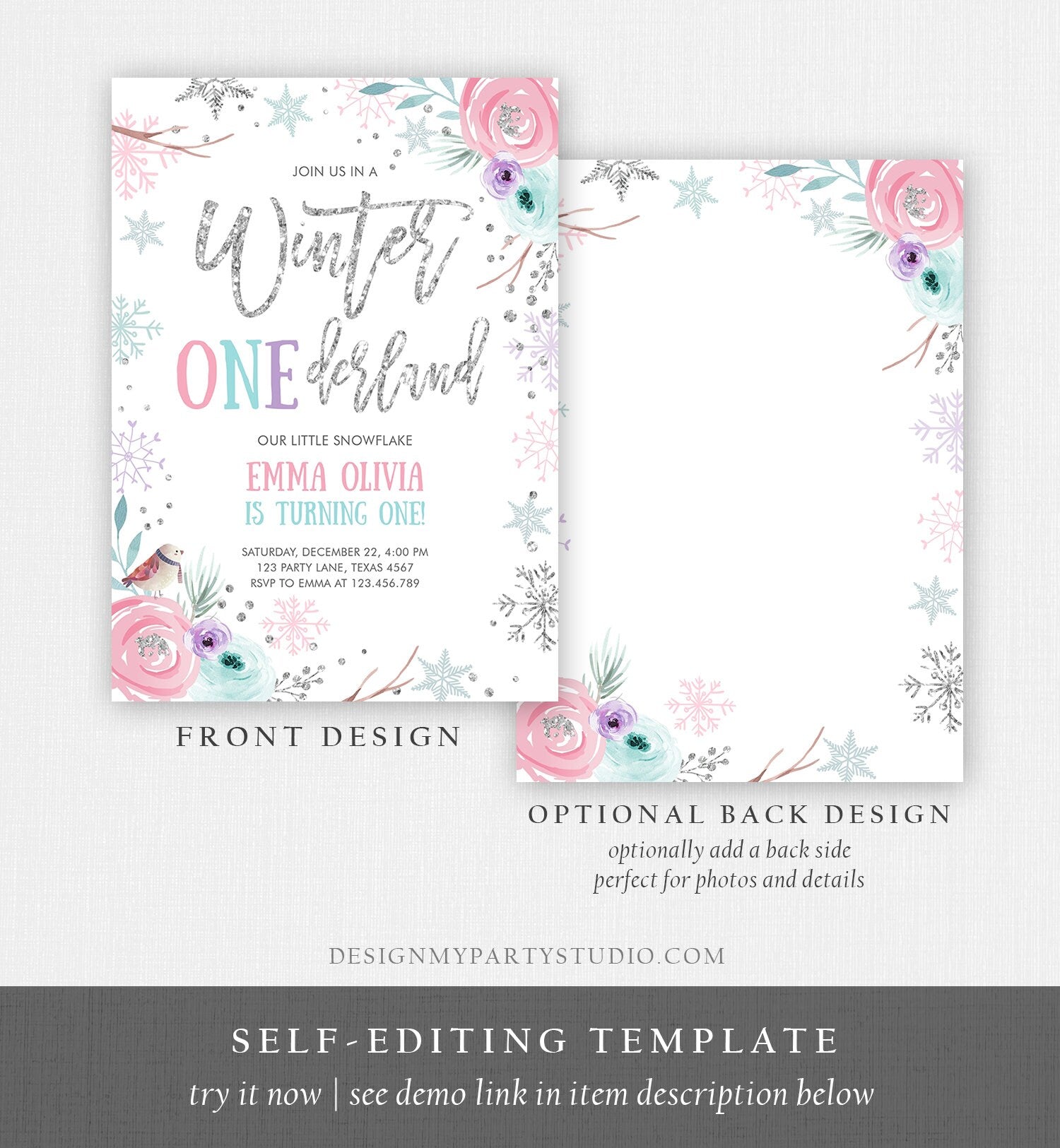 Editable Winter ONEderland Birthday Invitation First Birthday Snowflake Pink Silver Purple Floral Printable Invitation Template Corjl 0256