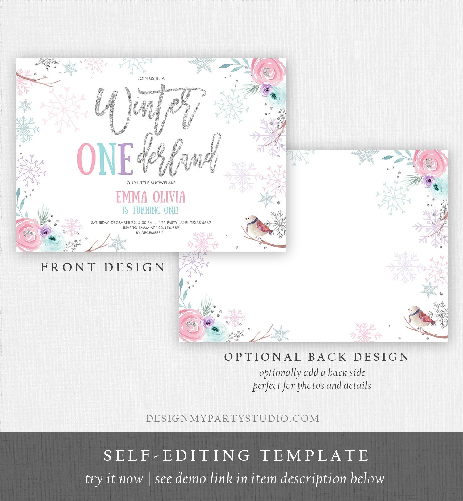 Editable Winter ONEderland Birthday Invitation First Birthday Snowflake Pink Silver Purple Floral Printable Invitation Template Corjl 0256