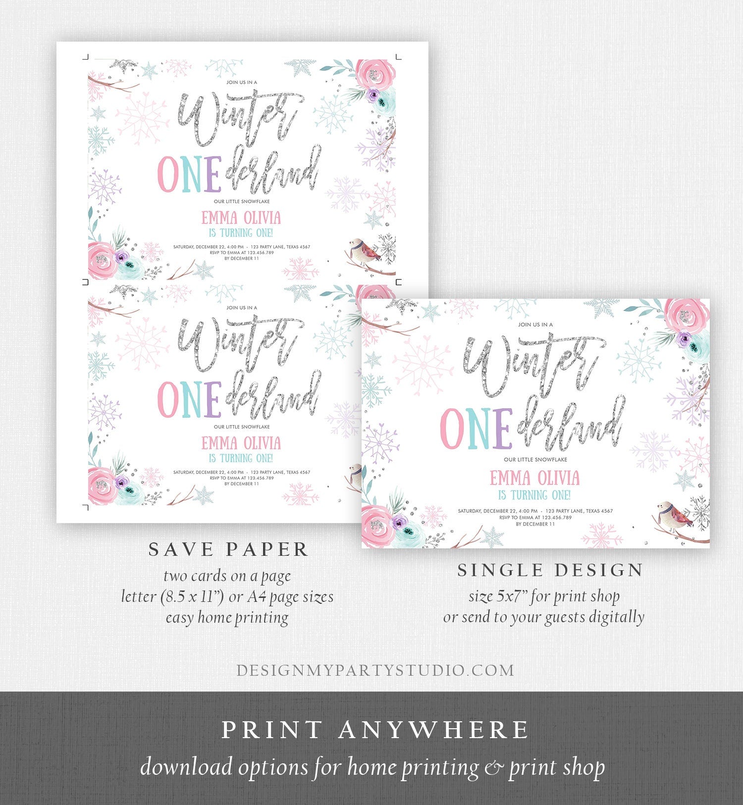 Editable Winter ONEderland Birthday Invitation First Birthday Snowflake Pink Silver Purple Floral Printable Invitation Template Corjl 0256