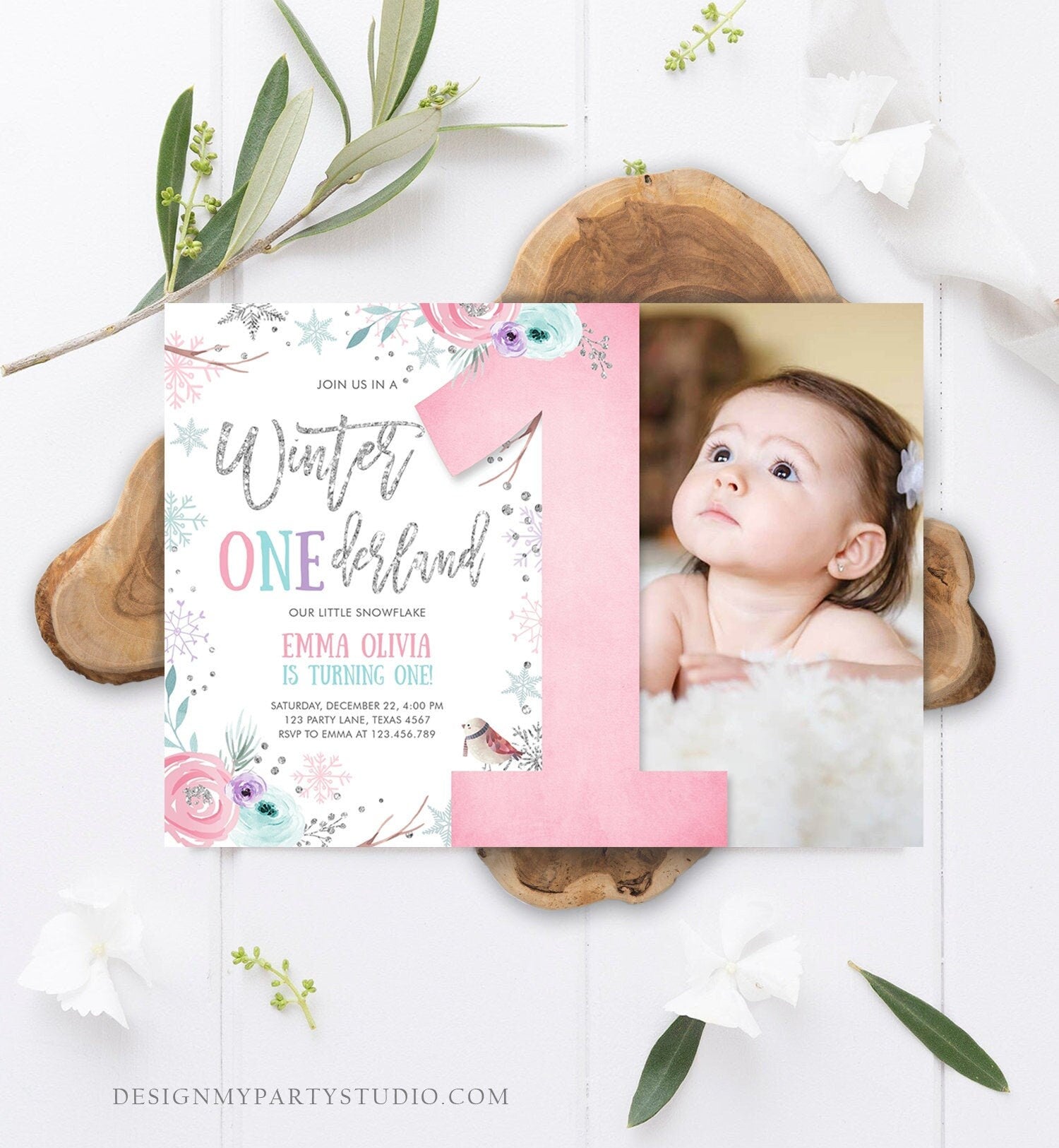 Editable Winter ONEderland Birthday Invitation First Birthday Snowflake Pink Silver Purple Floral Printable Invitation Template Corjl 0256