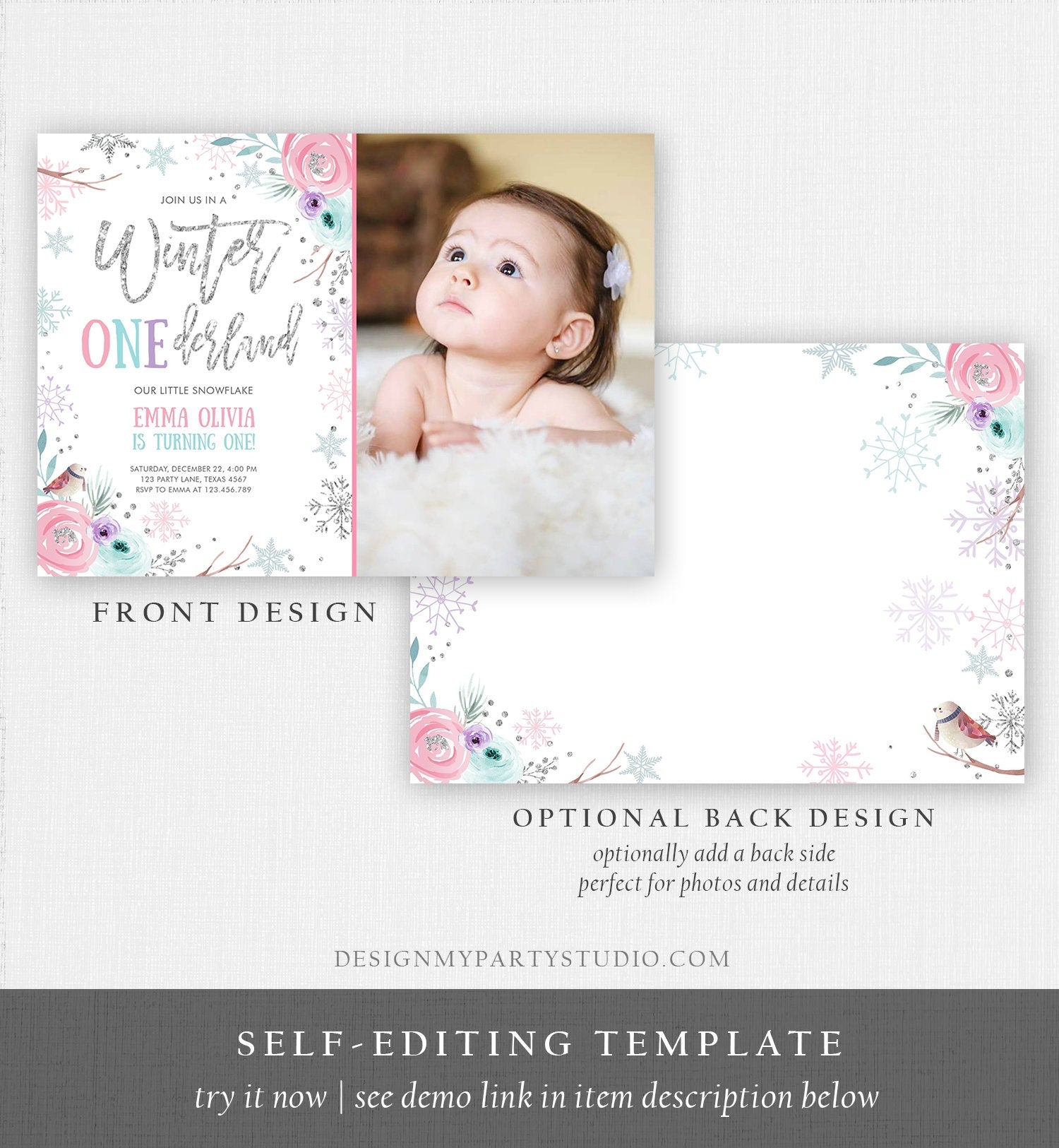 Editable Winter ONEderland Birthday Invitation First Birthday Snowflake Pink Silver Purple Floral Printable Invitation Template Corjl 0256