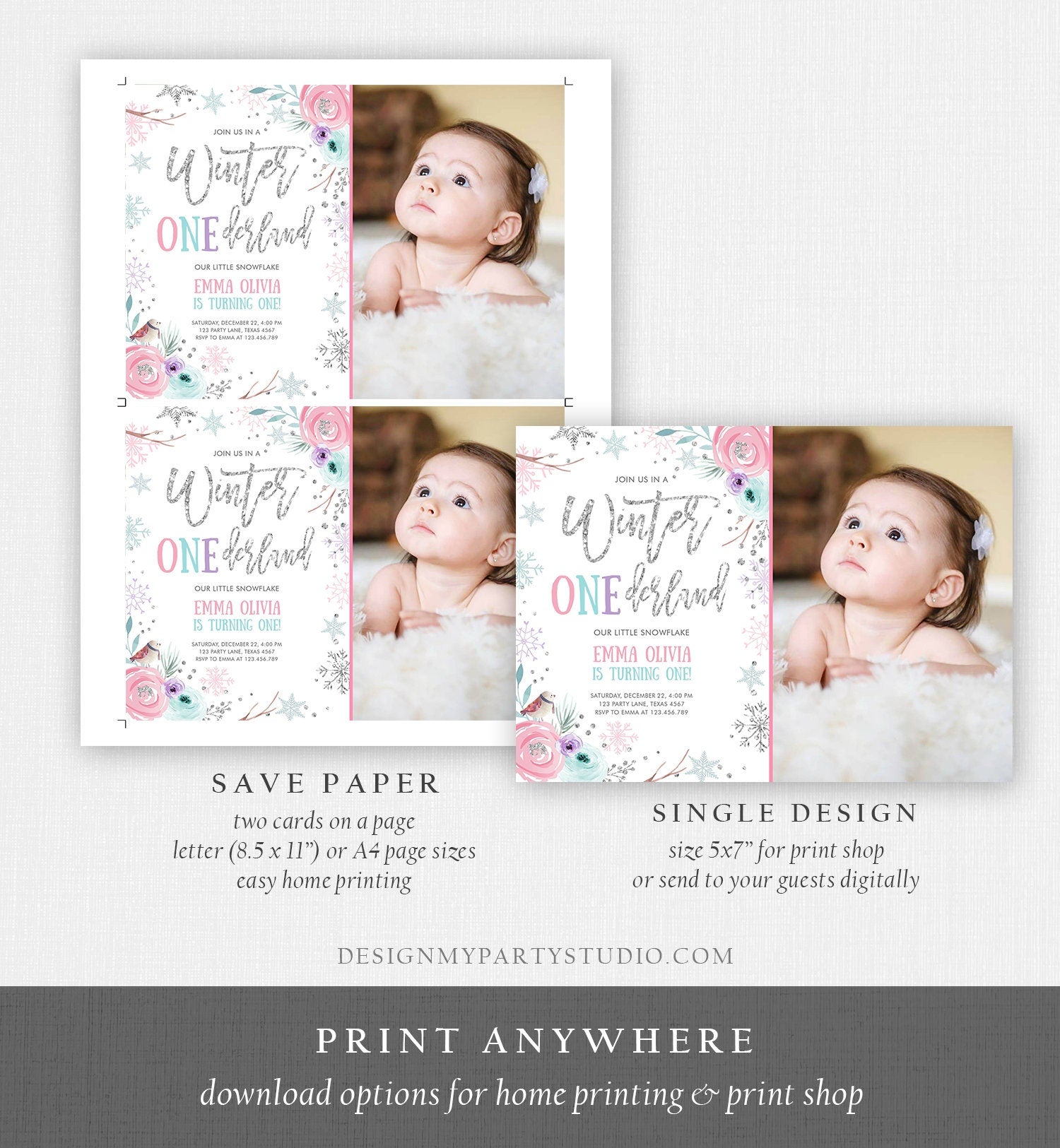 Editable Winter ONEderland Birthday Invitation First Birthday Snowflake Pink Silver Purple Floral Printable Invitation Template Corjl 0256