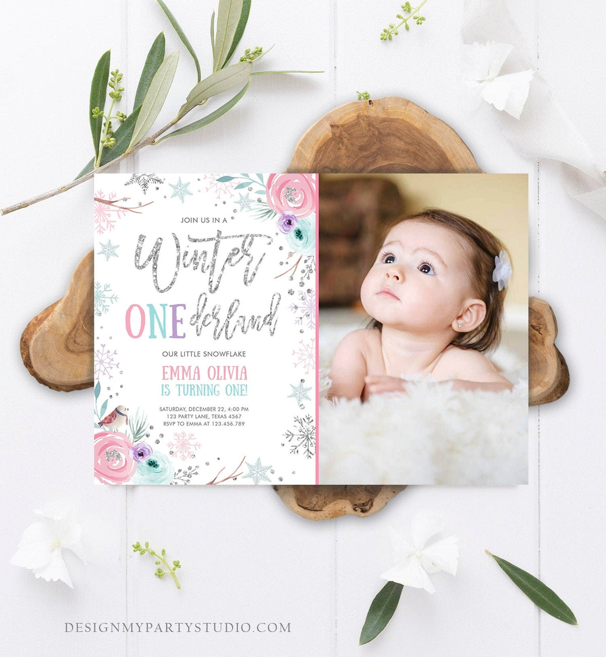 Editable Winter ONEderland Birthday Invitation First Birthday Snowflake Pink Silver Purple Floral Printable Invitation Template Corjl 0256