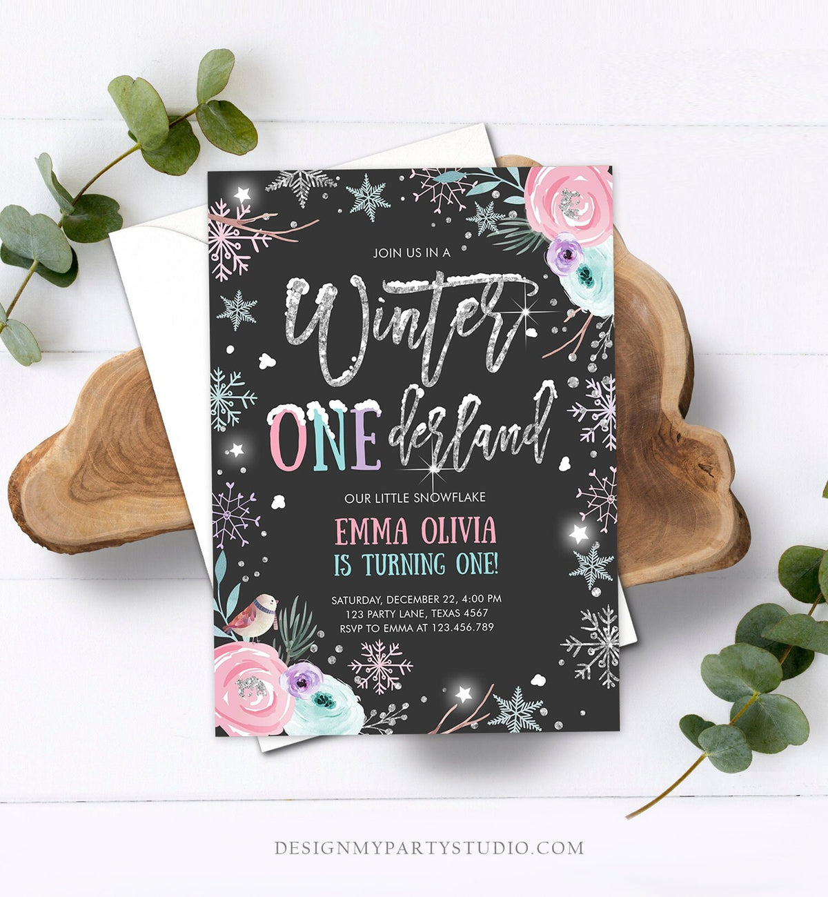 Editable Winter ONEderland Birthday Invitation First Birthday Snowflake Pink Silver Black Floral Printable Invitation Template Corjl 0256