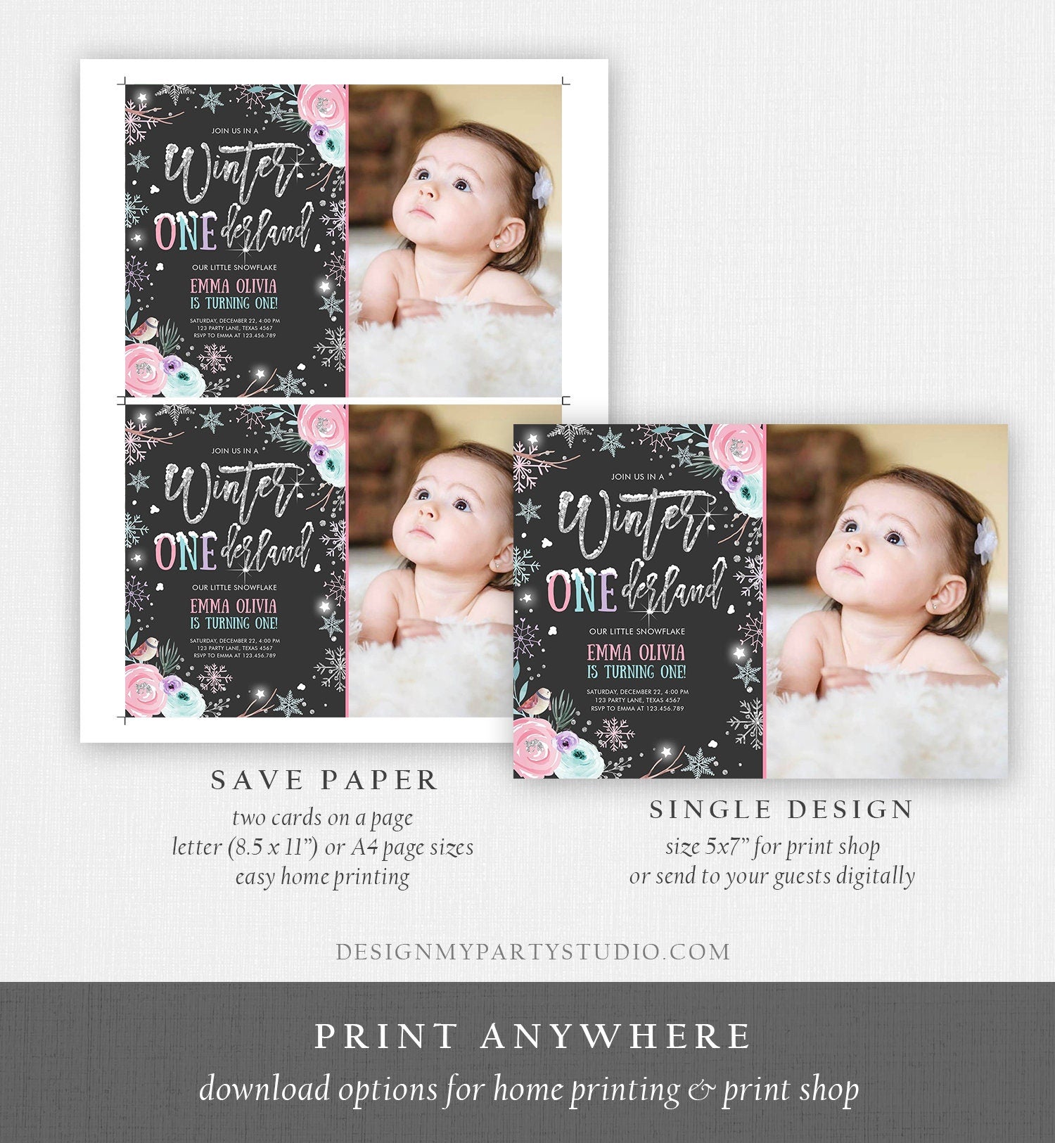 Editable Winter ONEderland Birthday Invitation First Birthday Snowflake Pink Silver Floral Printable Invitation Template Corjl 0256