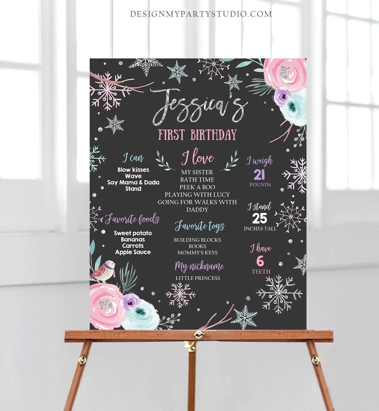 Editable Winter Birthday Milestones Sign Winter Onederland First Birthday Girl Pink Silver Snowflakes Floral Corjl Template Printable 0256