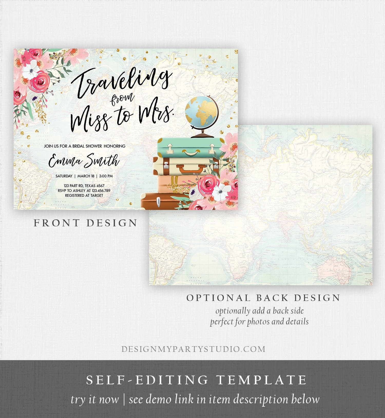 Editable Miss to Mrs Travel Bridal Shower Invitation Flowers Globe Suitcase Gold Confetti Traveling Download Printable Corjl Template 0030