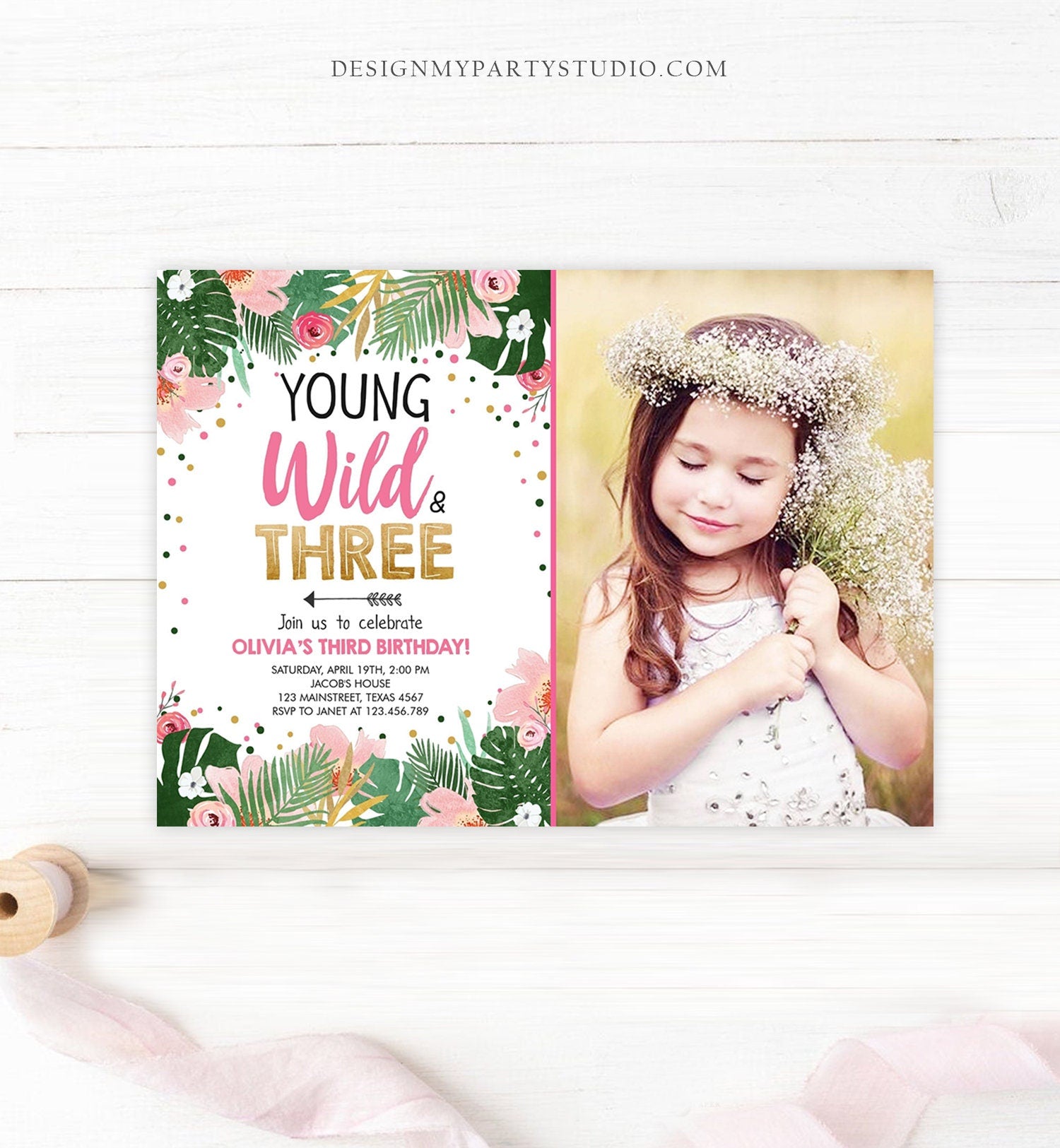 Editable Young Wild and Three Birthday Invitation Animals Invite Party Jungle Safari Pink Gold Download Printable Template Corjl 0332