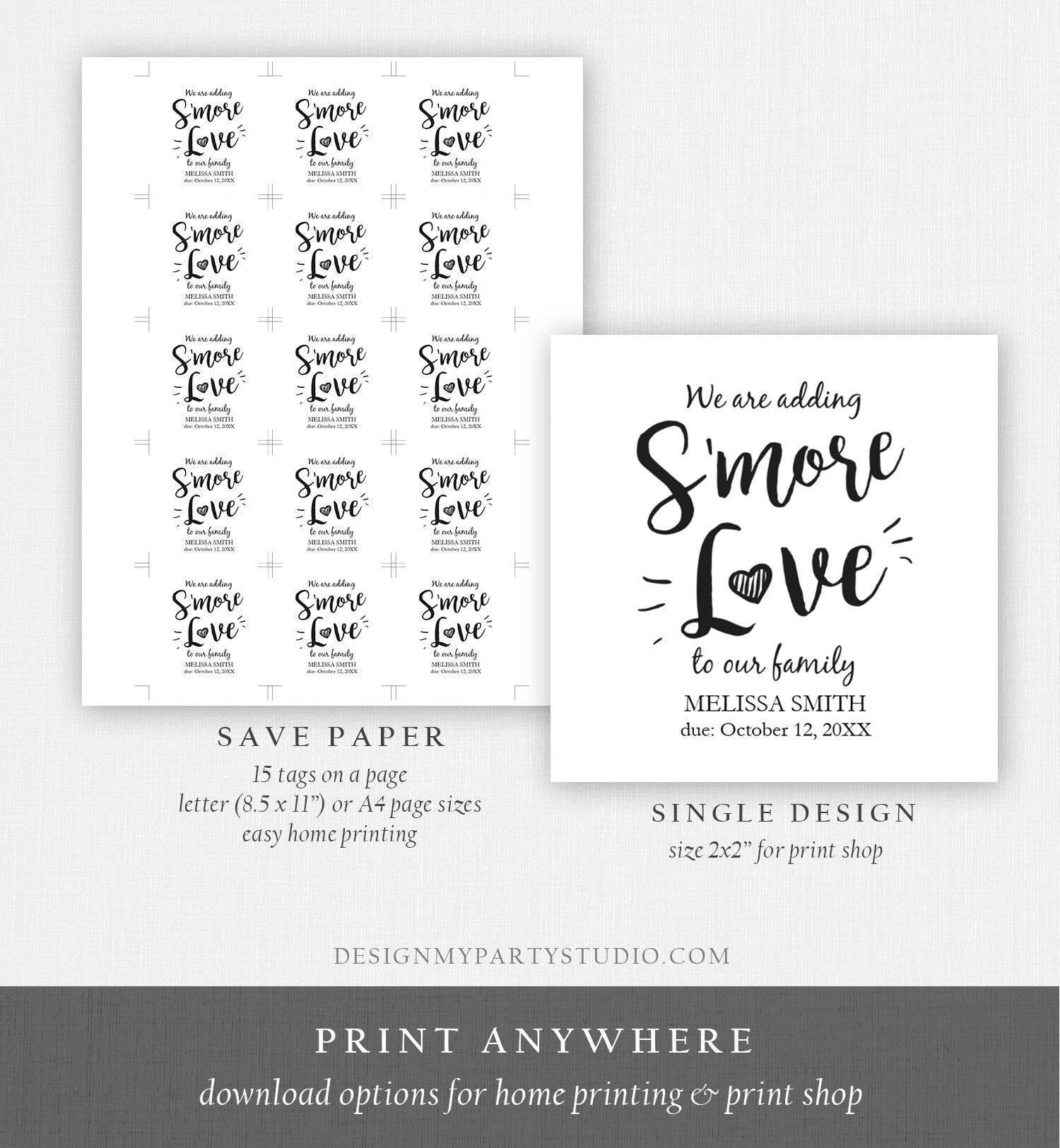 Editable Smore Love Favor Tag We Are Adding S'more Love To Our Family Square Round Baby Shower Favors Download Corjl Template PRINTABLE 0276