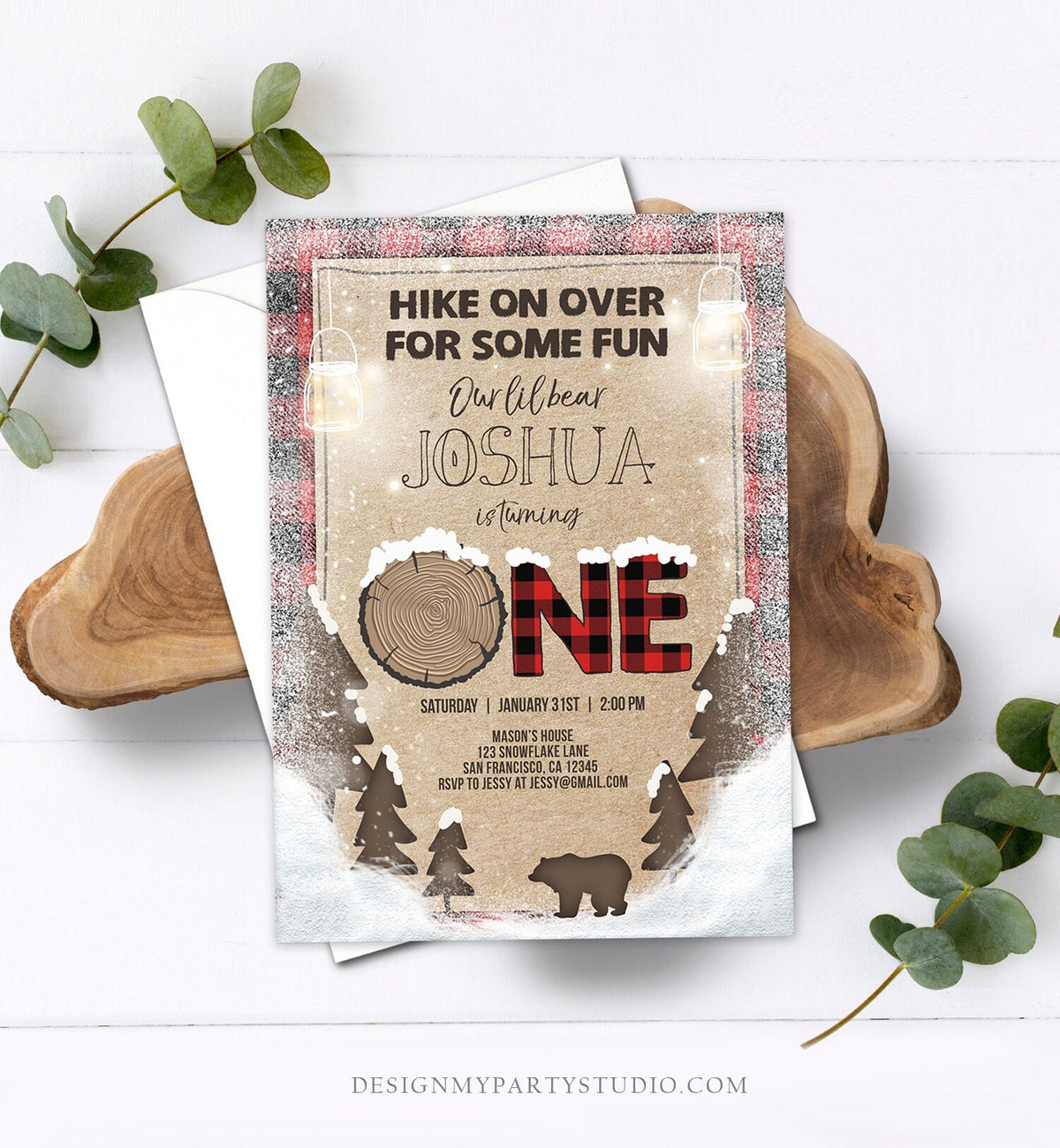 Editable Winter Lumberjack Birthday Invitation Rustic Woodland First Birthday Snow Forest Red Plaid Black Bear Printable Corjl Template 0026