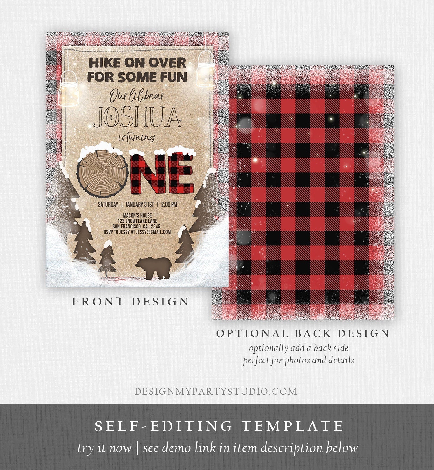 Editable Winter Lumberjack Birthday Invitation Rustic Woodland First Birthday Snow Forest Red Plaid Black Bear Printable Corjl Template 0026