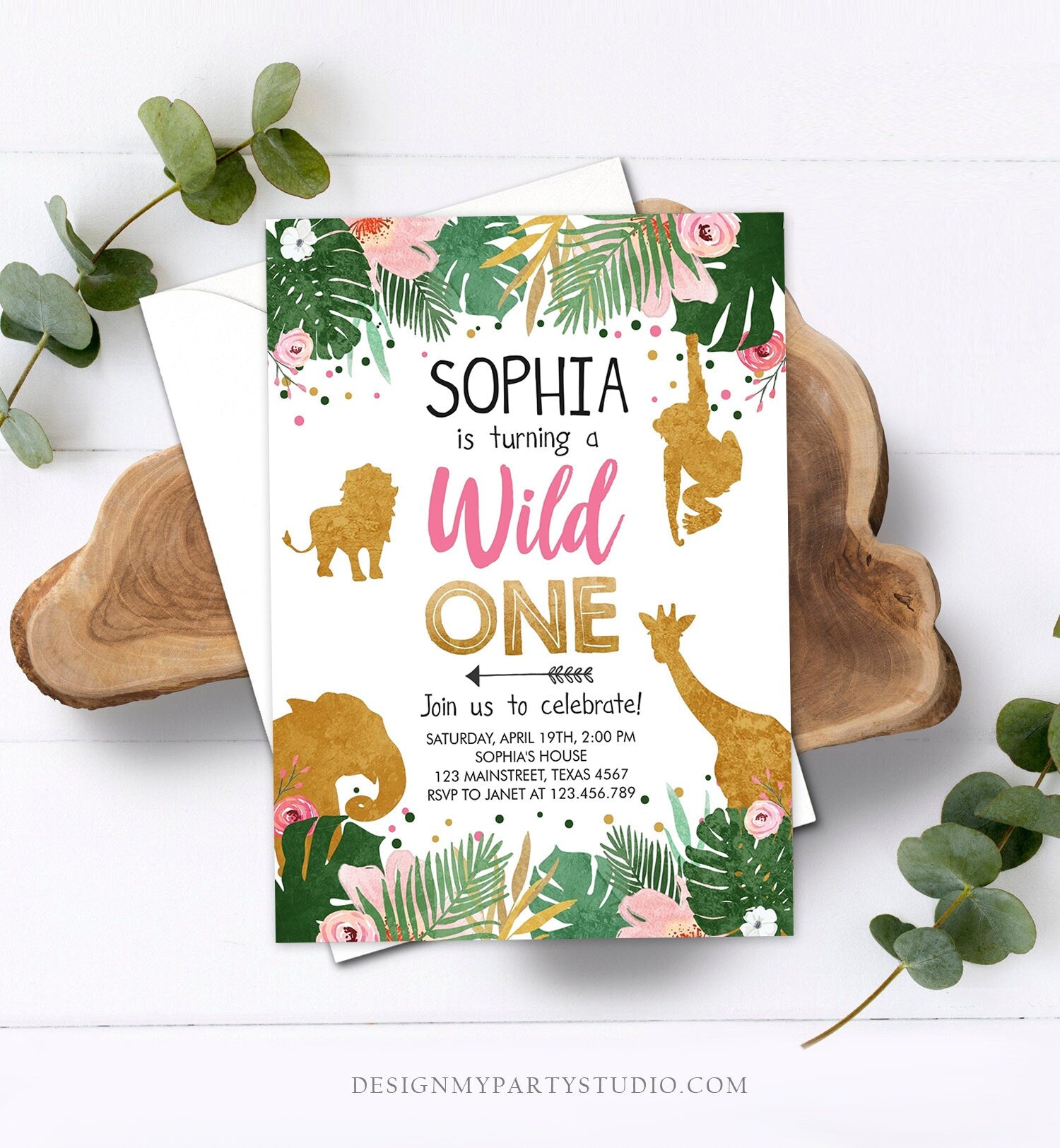 Editable Wild One Birthday Invitation Girl Safari Animals Jungle Zoo Party Animals Pink Gold Instant Download Printable Corjl Template 0016