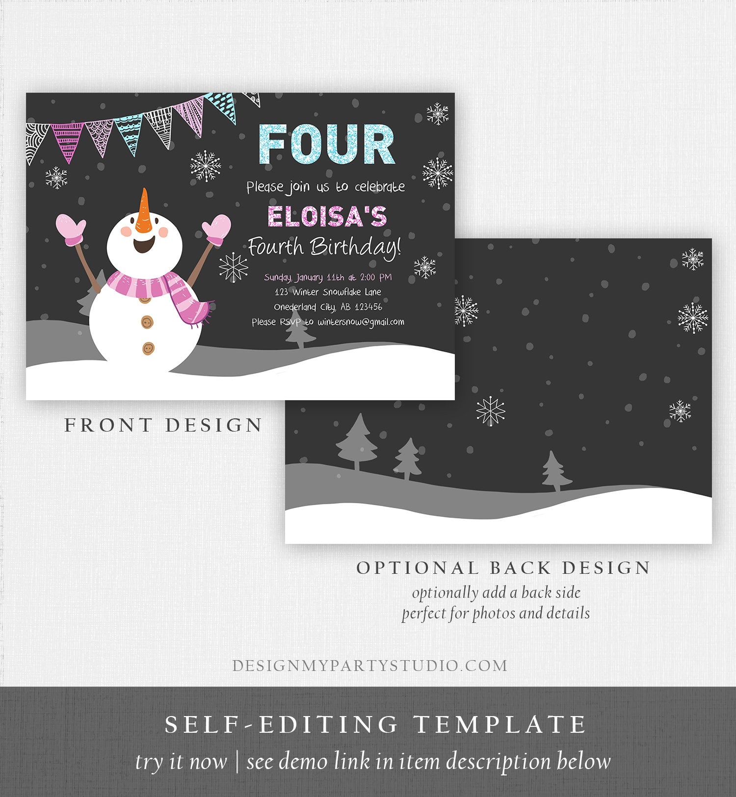 Editable ANY AGE Winter Birthday Invitation First Birthday Snowflake Girl Snowman Instant Download Printable Invite Template Corjl 0022