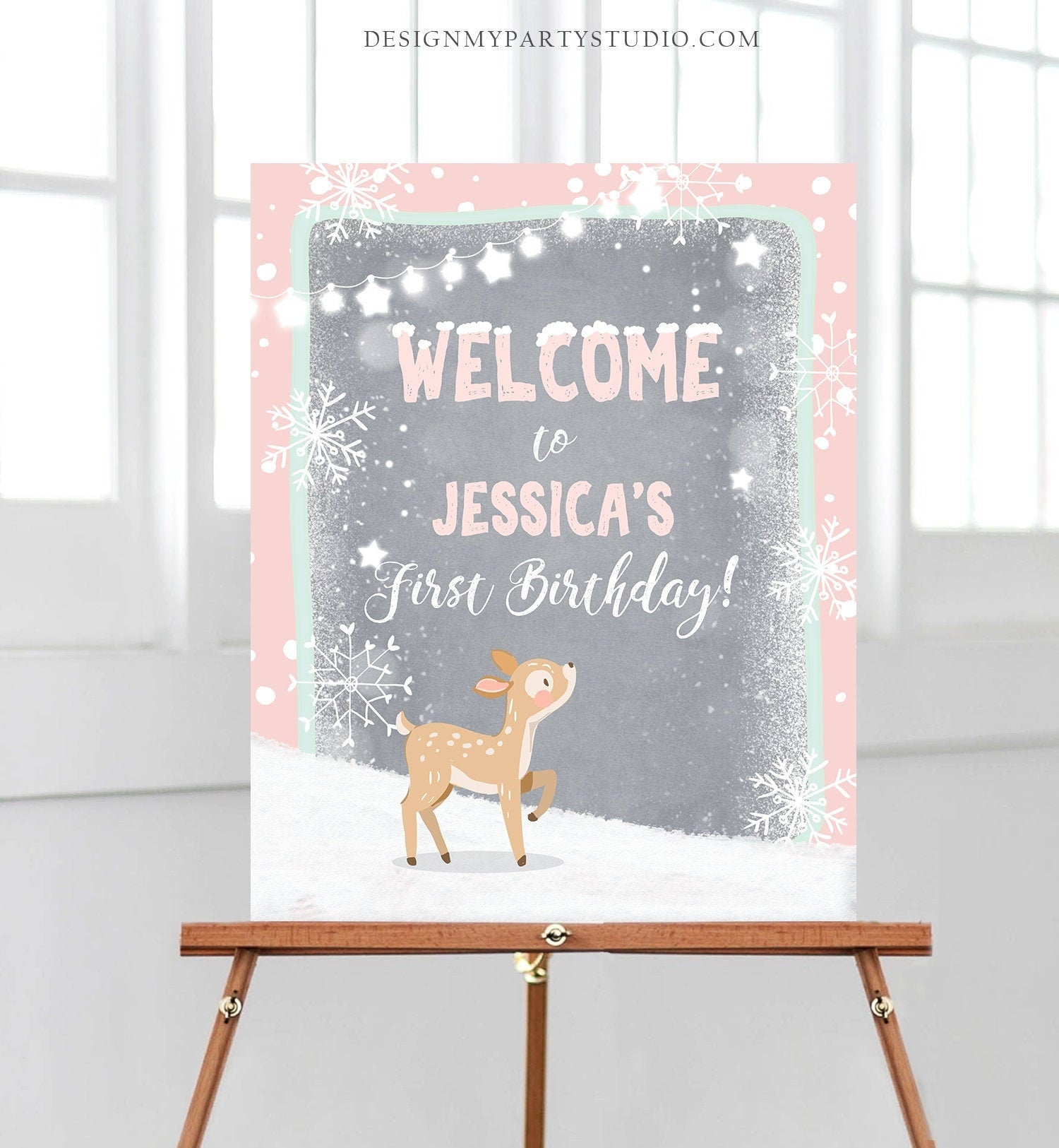 Editable Winter Birthday Welcome Sign Winter Welcome Winter Onederland Girl Pink Deer Woodland Snowflakes Template PRINTABLE Corjl 0109