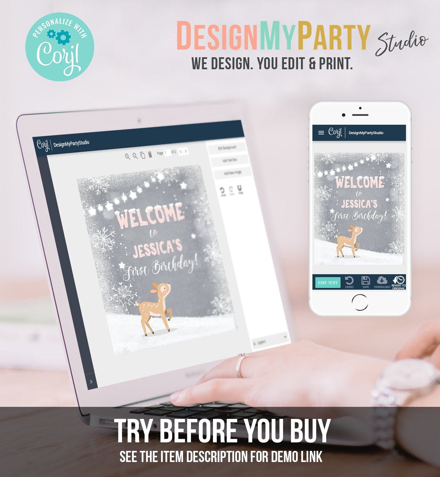 Editable Winter Birthday Welcome Sign Winter Onederland Decorations Girl Pink Deer Woodland Snowflakes Snow Template PRINTABLE Corjl 0109