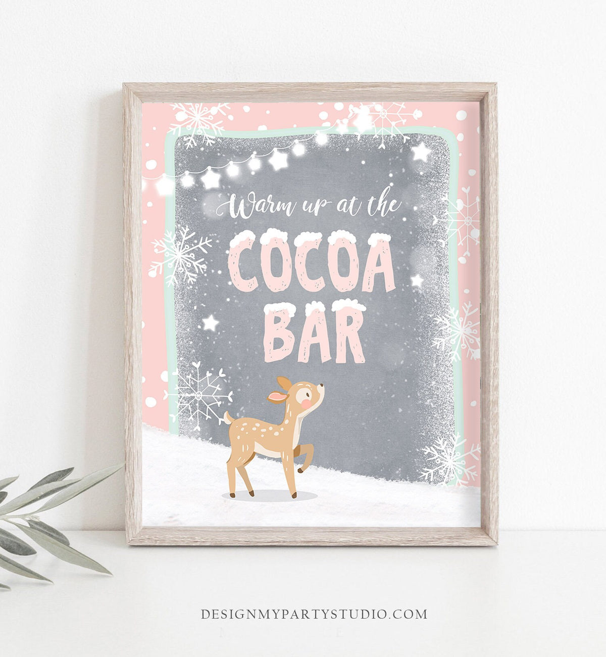 Hot Cocoa Bar Sign Printable Hot Chocolate Bar Table Sign Girl Birthday Deer Winter Onederland Decorations Pink Digital PRINTABLE 0109