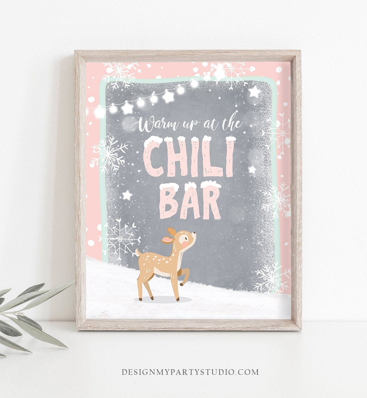 Chili Bar Sign Warm up at the Chili Bar Table Sign Girl Birthday Deer Winter Onederland Decorations Pink Snowflakes Digital PRINTABLE 0109