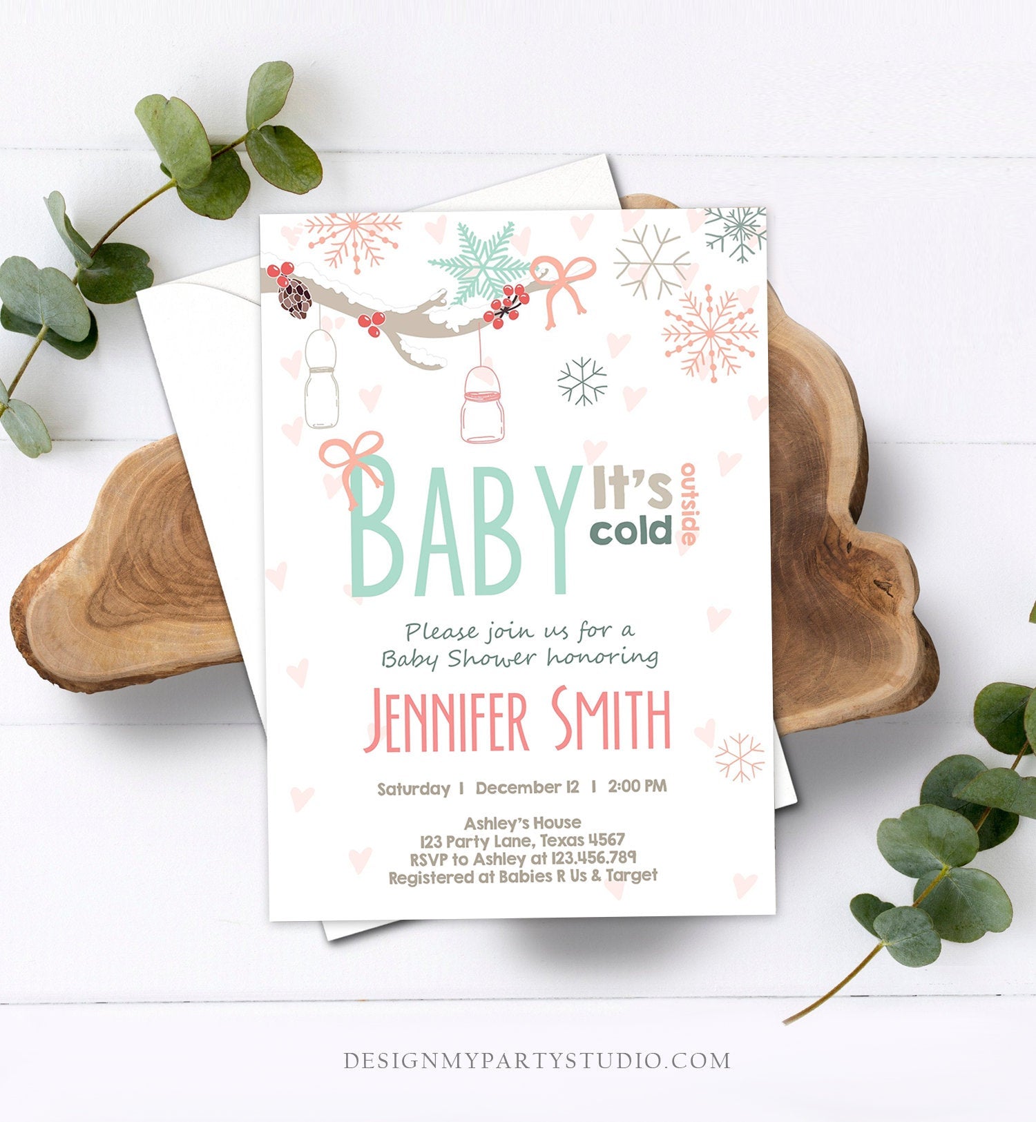 Editable Baby Its Cold Outside Invitation Winter Baby Shower Invite Gender Neutral Snowflakes Mason Jars Pink Template Download Corjl 0054