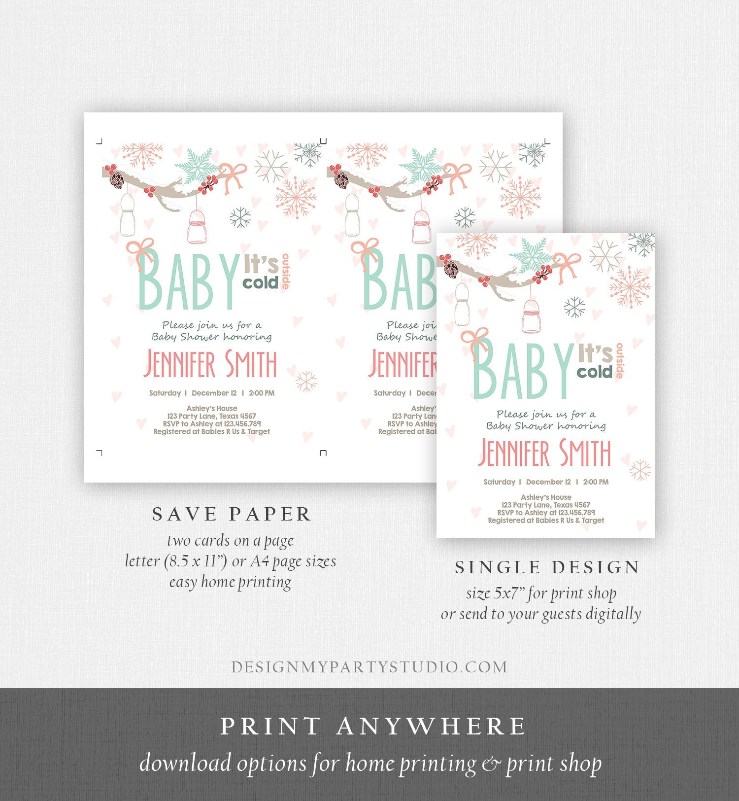 Editable Baby Its Cold Outside Invitation Winter Baby Shower Invite Gender Neutral Snowflakes Mason Jars Pink Template Download Corjl 0054