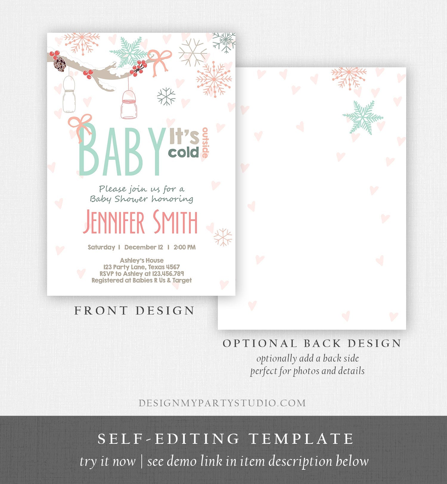 Editable Baby Its Cold Outside Invitation Winter Baby Shower Invite Gender Neutral Snowflakes Mason Jars Pink Template Download Corjl 0054