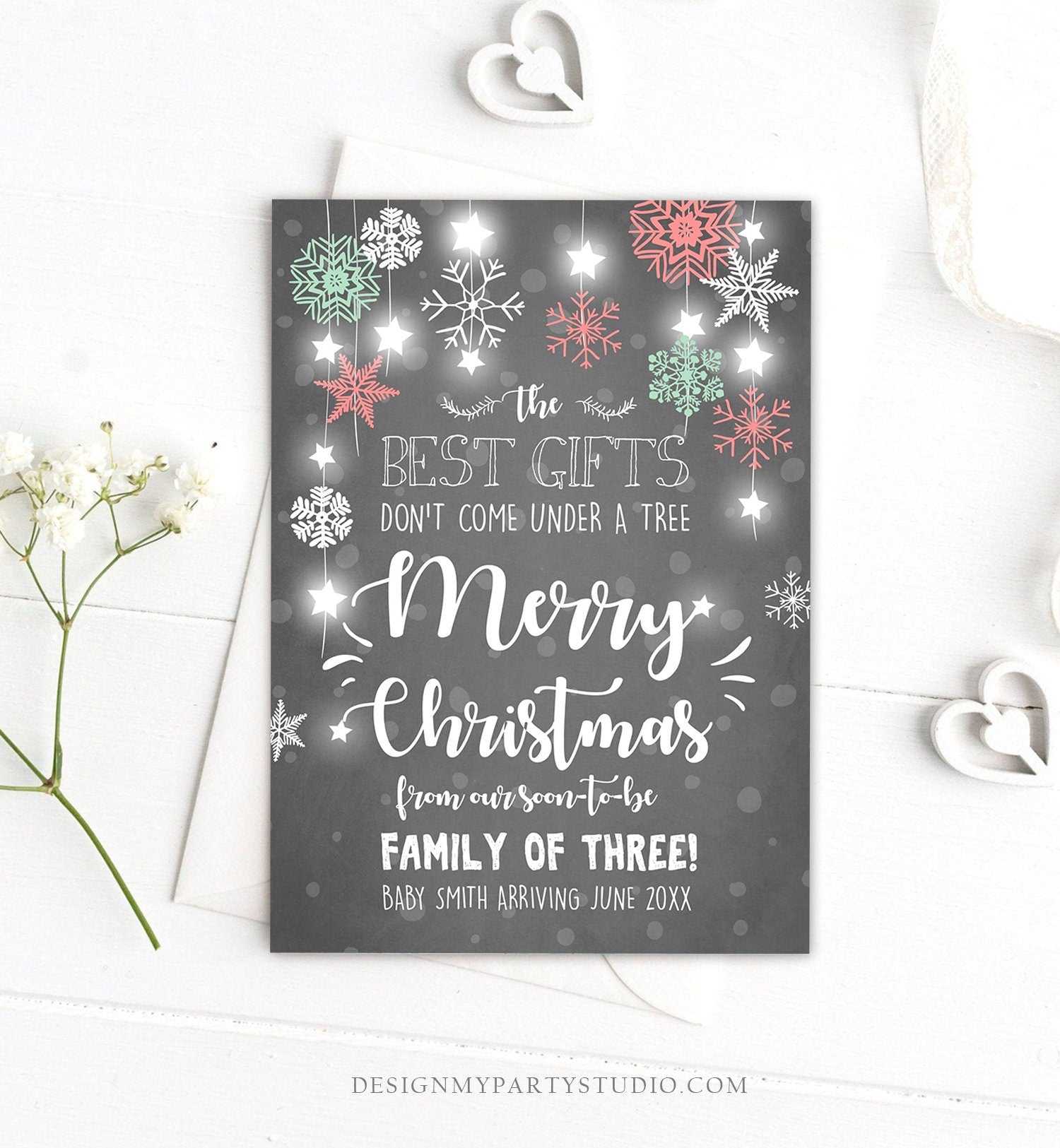 Editable Christmas Pregnancy Announcement Merry Christmas Reveal Family of Three Invitation Baby Arriving Pregnant Printable Corjl Template