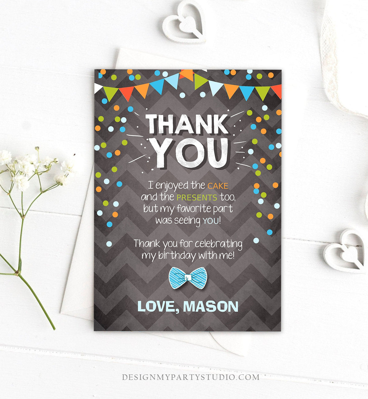 Editable Thank You Card Boy Bowtie Birthday One Green Blue Chalk Confetti First Bow Tie Download Printable Invitation Template Corjl 0071