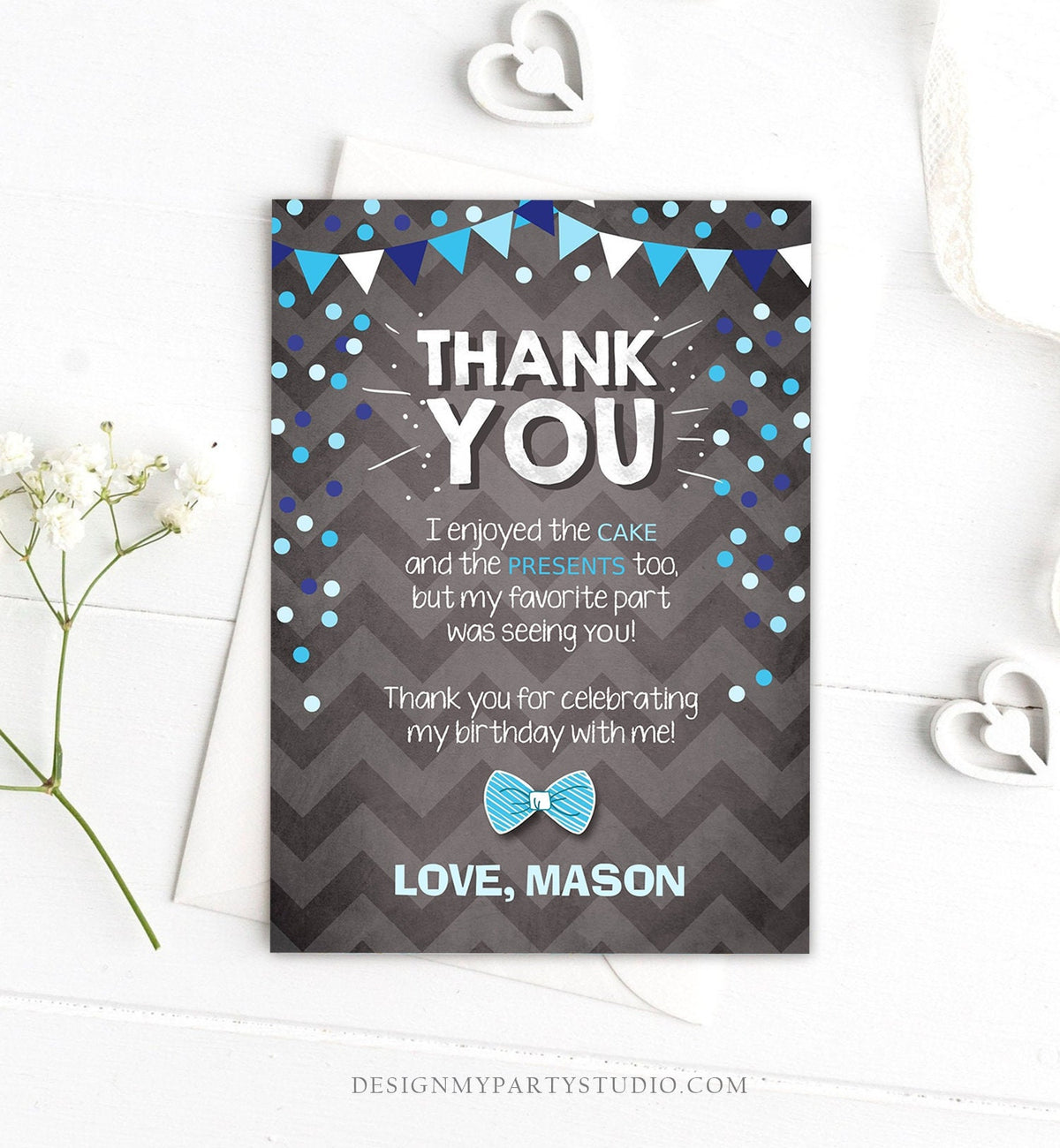 Editable Thank You Card Boy Bowtie Birthday One Green Blue Chalk Confetti First Bow Tie Download Printable Invitation Template Corjl 0071