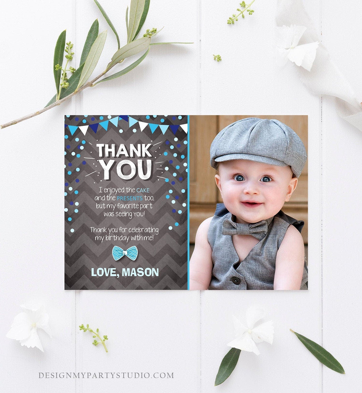 Editable Thank You Card Boy Bowtie Birthday One Green Blue Chalk Confetti First Bow Tie Download Printable Invitation Template Corjl 0071