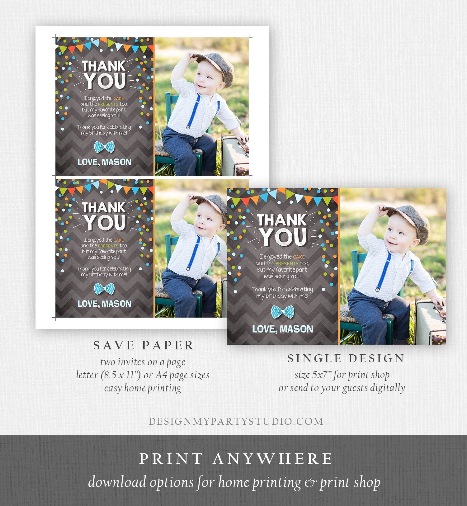 Editable Thank You Card Boy Bowtie Birthday One Green Blue Chalk Confetti First Bow Tie Download Printable Invitation Template Corjl 0071