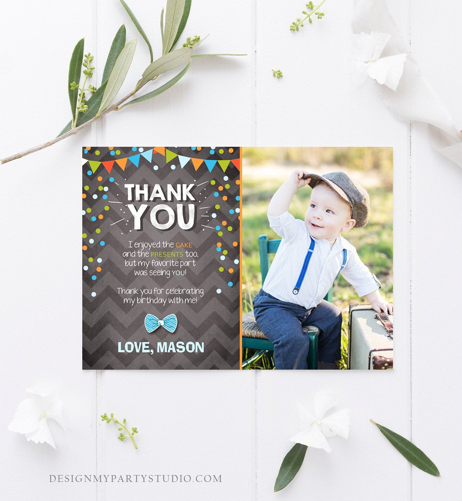 Editable Thank You Card Boy Bowtie Birthday One Green Blue Chalk Confetti First Bow Tie Download Printable Invitation Template Corjl 0071