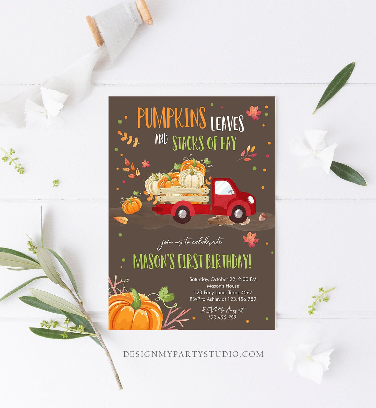 Editable Pumpkin Birthday Invite Boy Fall Pumpkin Truck Birthday Party Red Orange Green Download Printable Invitation Template Corjl 0153