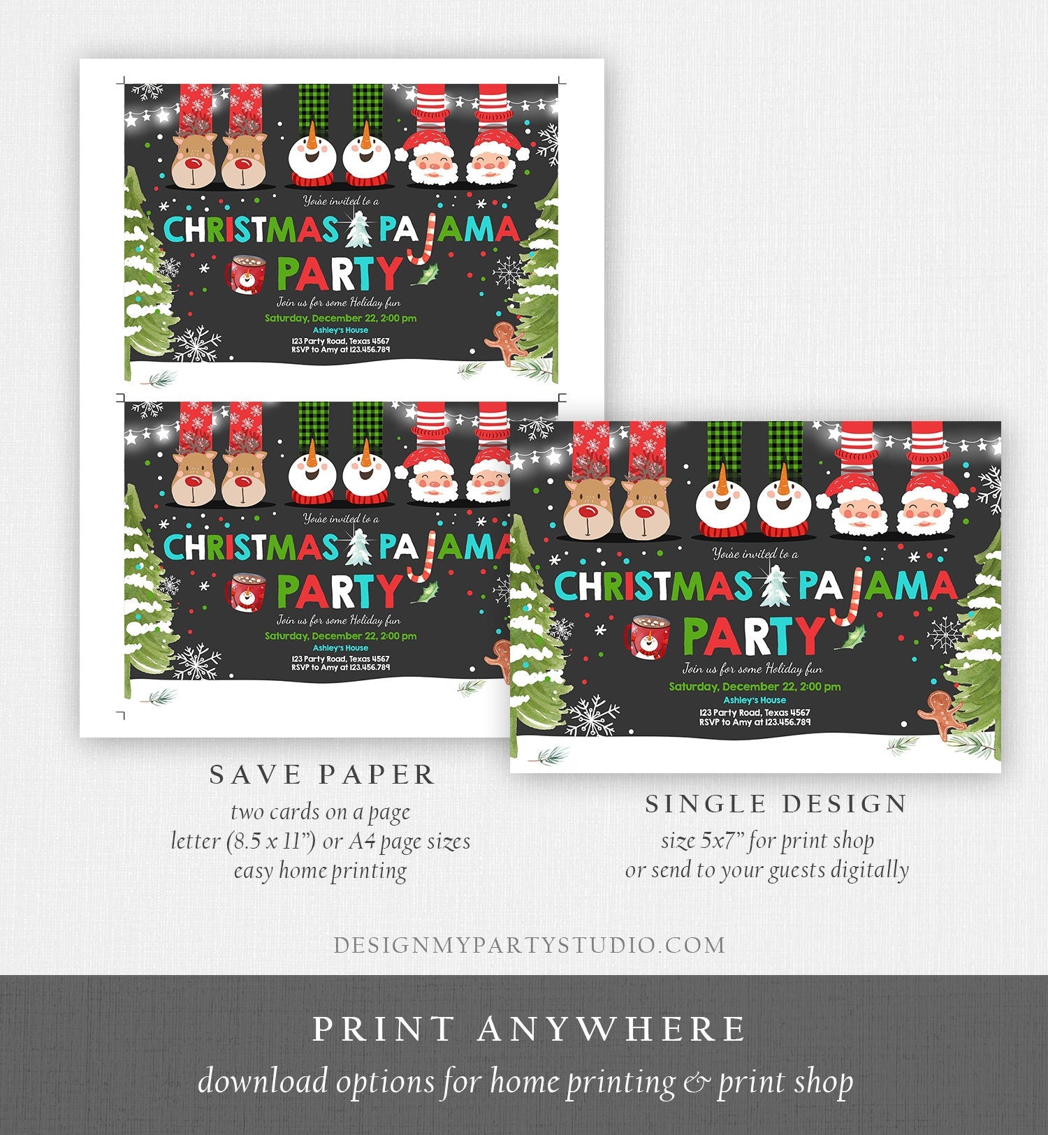 Editable Christmas Pajama Party Christmas Birthday Invitation Pancakes Xmas Party Sleepover Download Printable Corjl Template Digital 0274