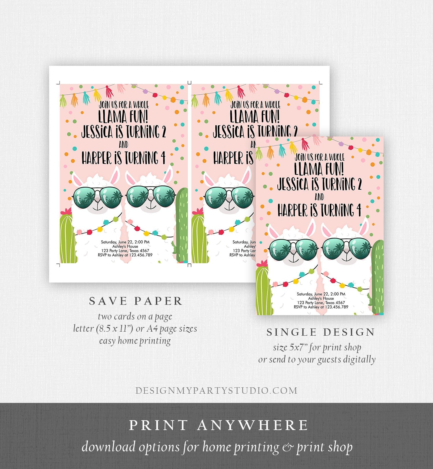 Editable Whole Llama Fun Birthday invitation Twin Llama Cactus Girls Joint Birthday Download Printable Invitation Template Corjl 0079