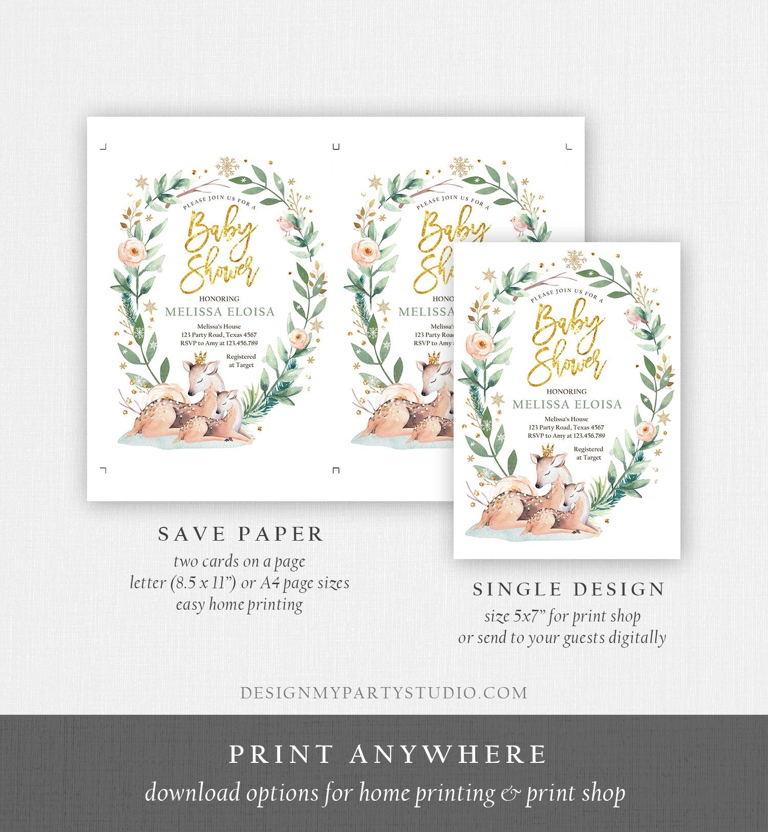 Editable Winter Baby Shower Invitation Oh Deer Snowflakes Gender Neutral Gold Foil Greenery Rustic Printable Invitation Template Corjl 0265