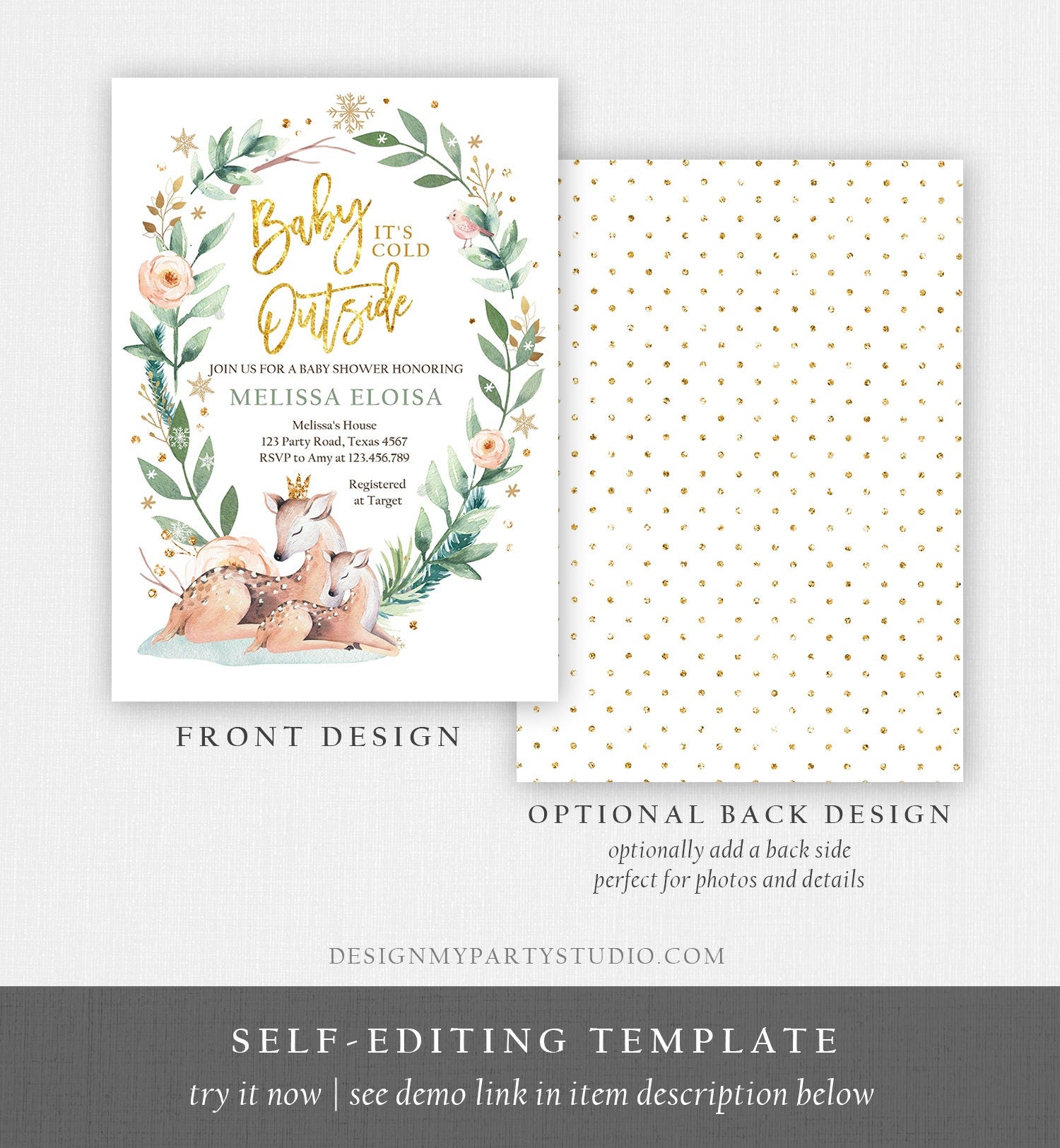 Editable Baby its Cold Outside Winter Baby Shower Invite Oh Deer Snowflakes Gender Neutral Gold Glitter Rustic Printable Template Corjl 0265