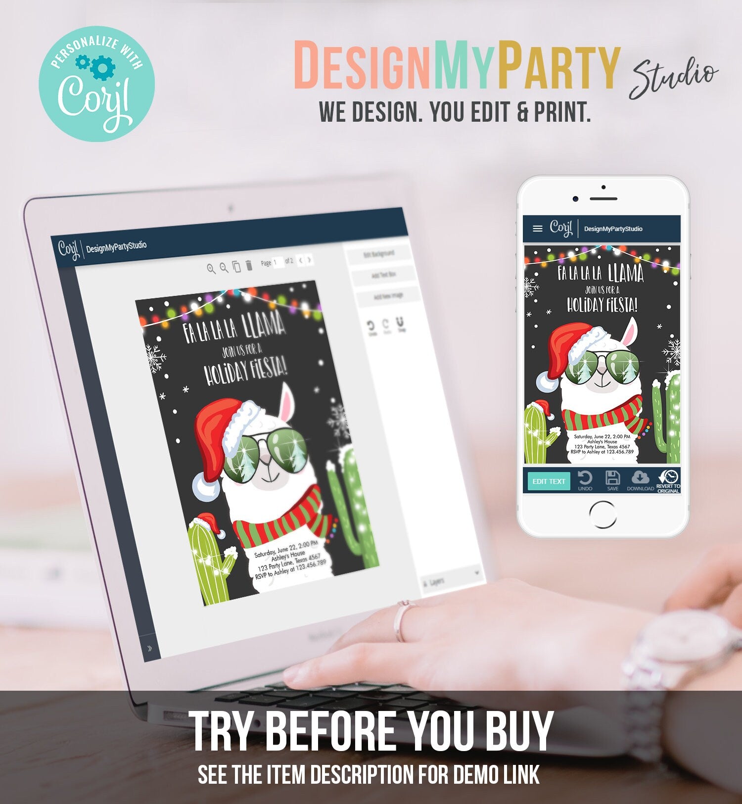 Editable Llama Christmas Party Invitation Cactus Mexican Holiday Fiesta Xmas Fa La La Sweater Party Download Printable Corjl Template 0273