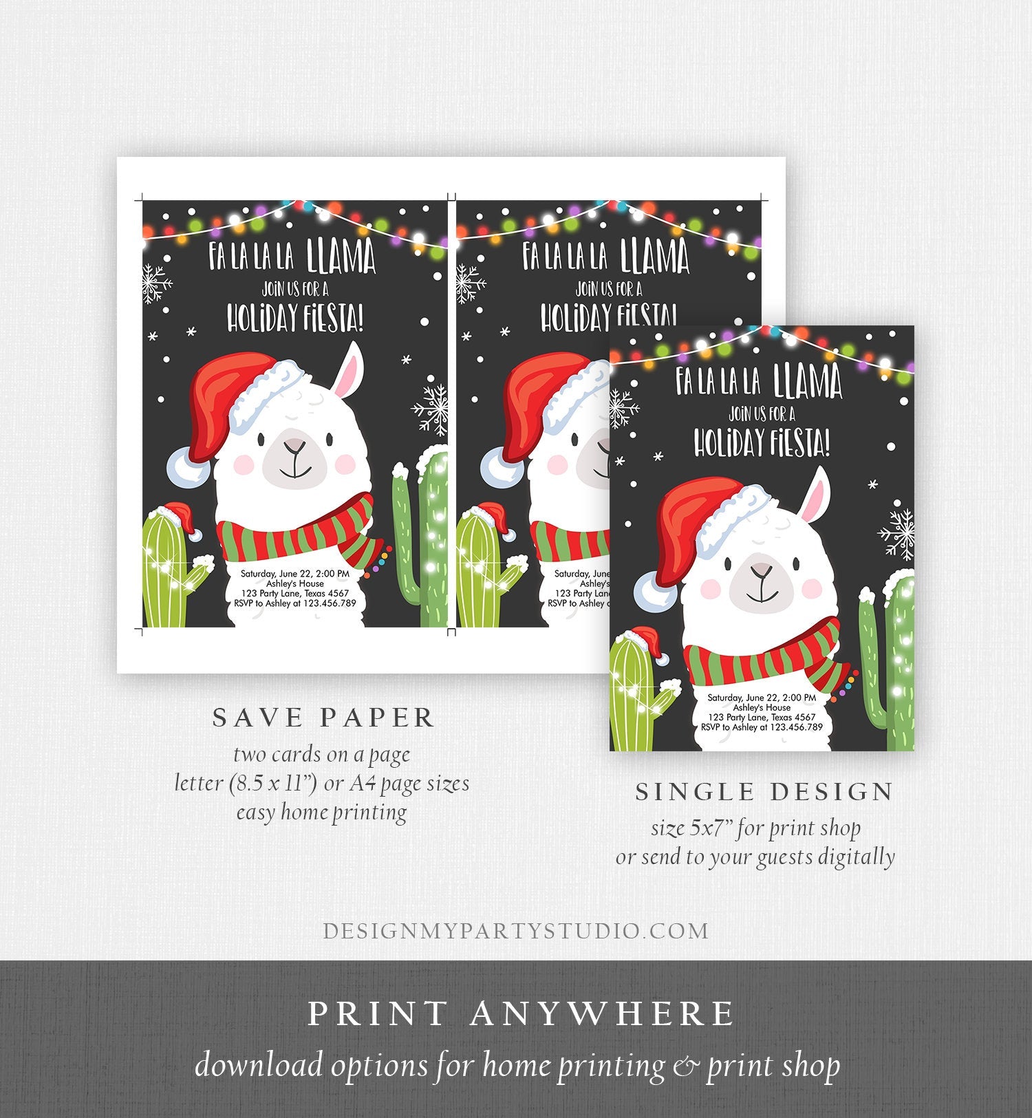 Editable Llama Christmas Party Invitation Cactus Mexican Holiday Fiesta Xmas Fa La La Sweater Party Download Printable Corjl Template 0273