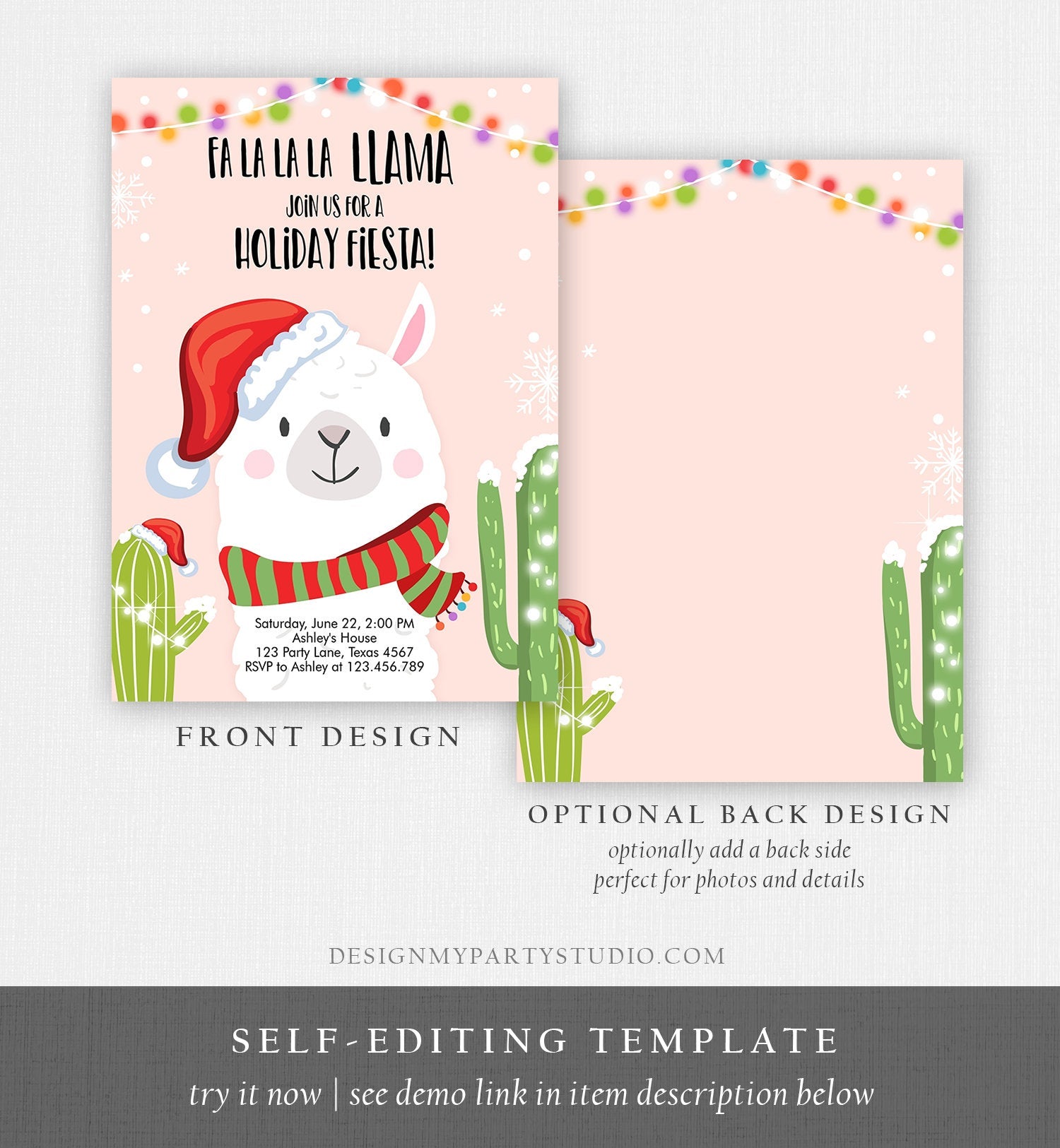 Editable Llama Christmas Party Invitation Cactus Mexican Holiday Fiesta Xmas Fa La La Sweater Party Download Printable Corjl Template 0273