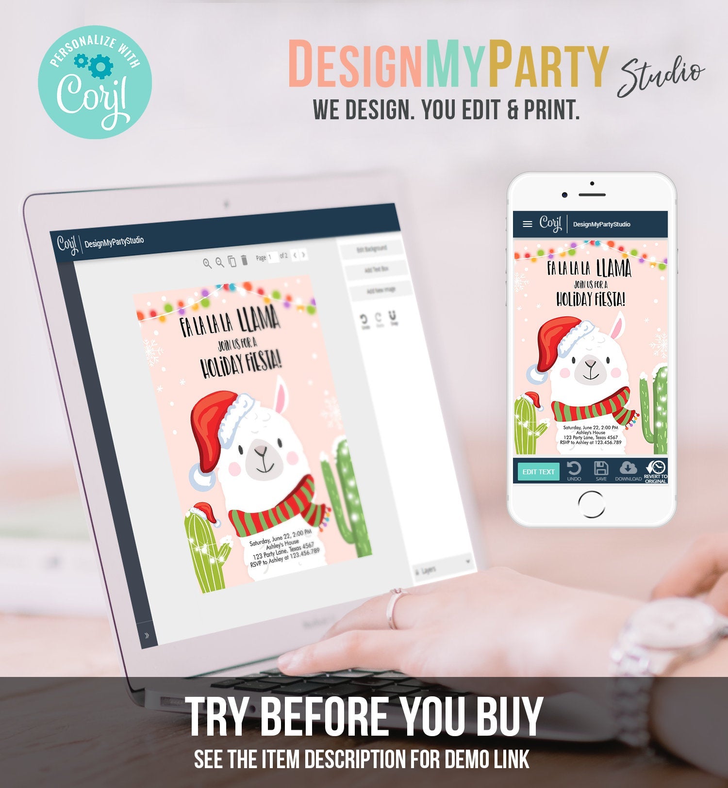 Editable Llama Christmas Party Invitation Cactus Mexican Holiday Fiesta Xmas Fa La La Sweater Party Download Printable Corjl Template 0273