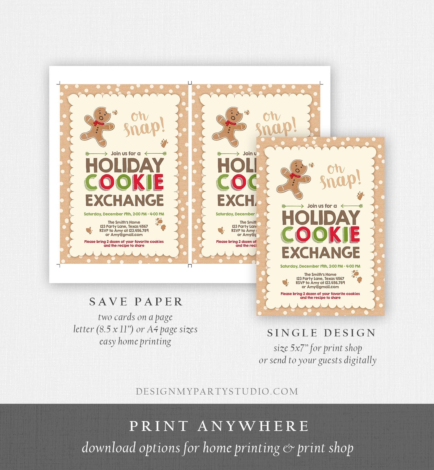 Editable Holiday Cookie Exchange Invitation Christmas Cookie Party Invite Gingerbread Man Download Printable Invitation Template Corjl 0111