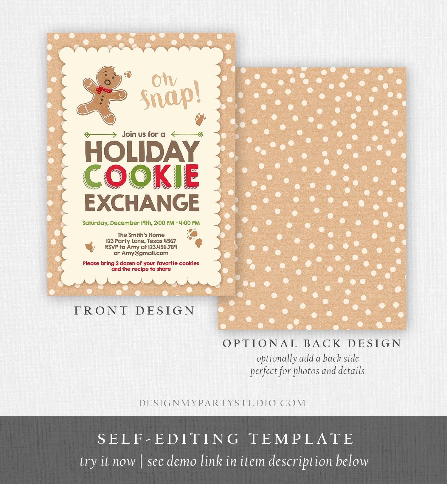 Editable Holiday Cookie Exchange Invitation Christmas Cookie Party Invite Gingerbread Man Download Printable Invitation Template Corjl 0111