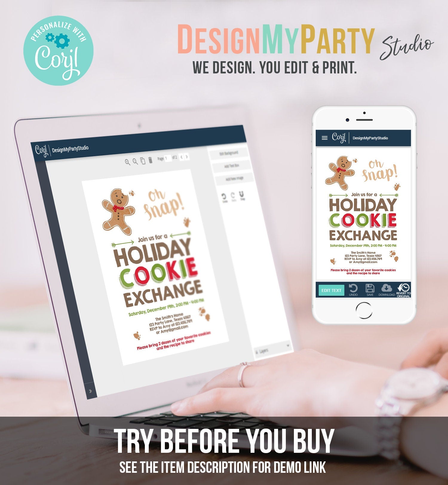 Editable Christmas Cookie Exchange Invitation Christmas Party Invite Cookie Party Gingerbread Download Printable Template Corjl 0111