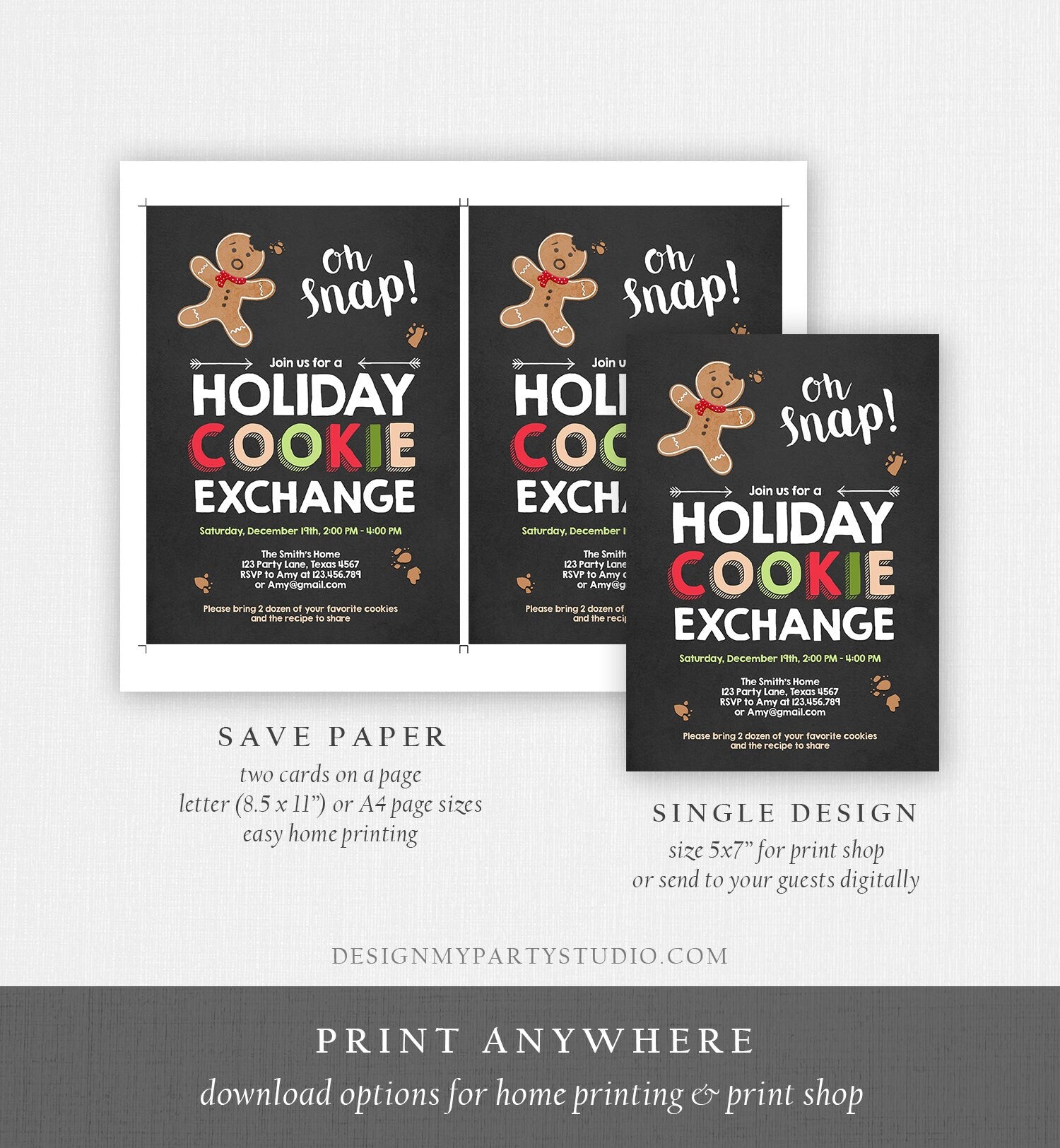 Editable Christmas Cookie Exchange Invitation Holiday Party Invite Cookie Party Gingerbread Xmas Download Printable Template Corjl 0111