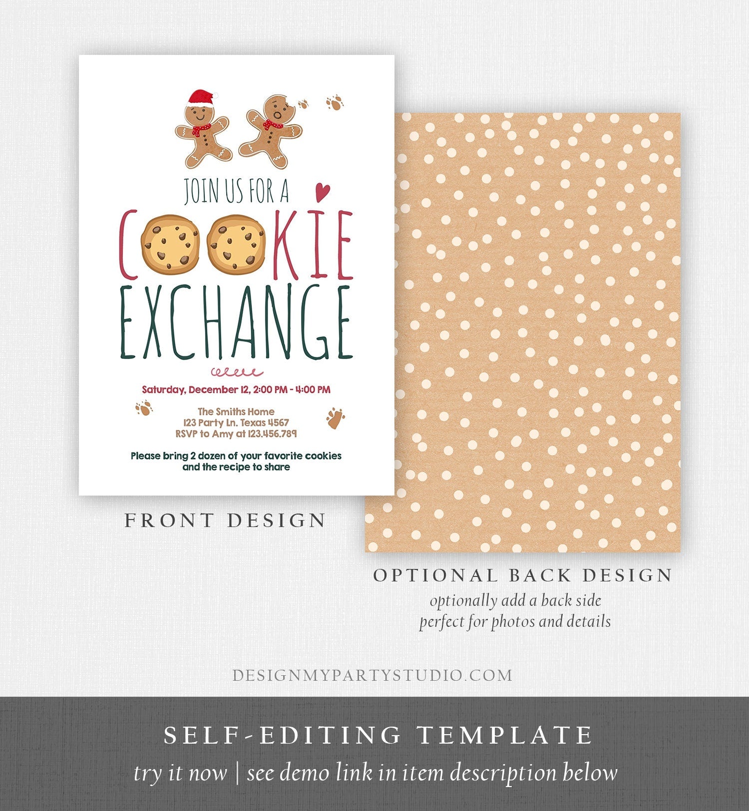 Editable Holiday Cookie Exchange Invitation Christmas Party Invitation Cookie Party Gingerbread Download Printable Template Corjl 0111