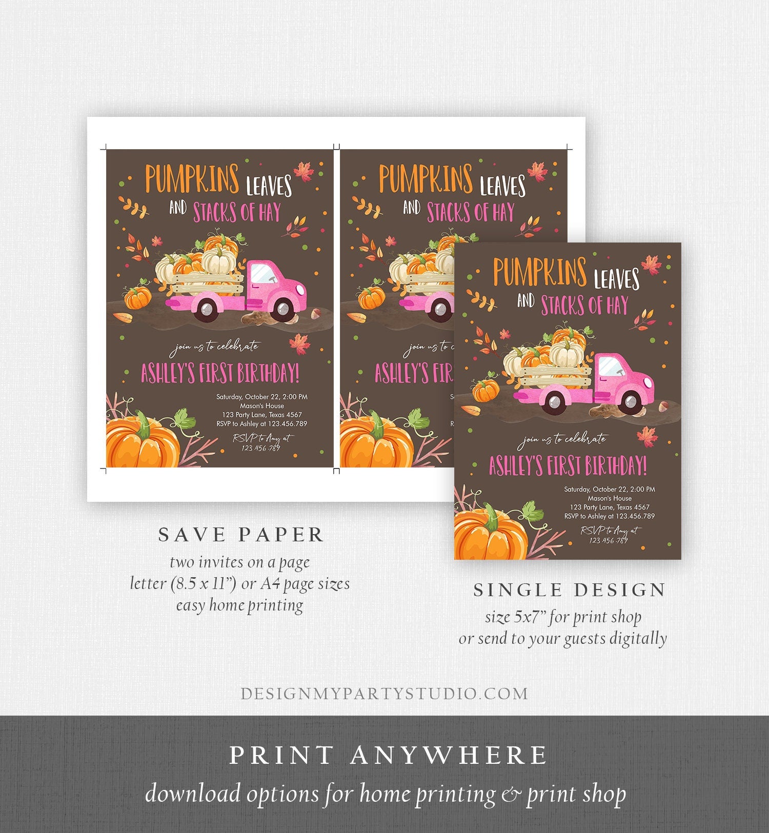 Editable Pumpkin Birthday Invitation Girls Fall Girl Pumpkin Truck Birthday Party Pink Orange Download Printable Invite Template Corjl 0153