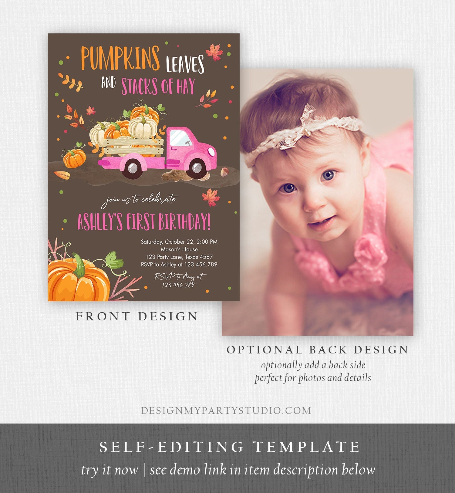 Editable Pumpkin Birthday Invitation Girls Fall Girl Pumpkin Truck Birthday Party Pink Orange Download Printable Invite Template Corjl 0153