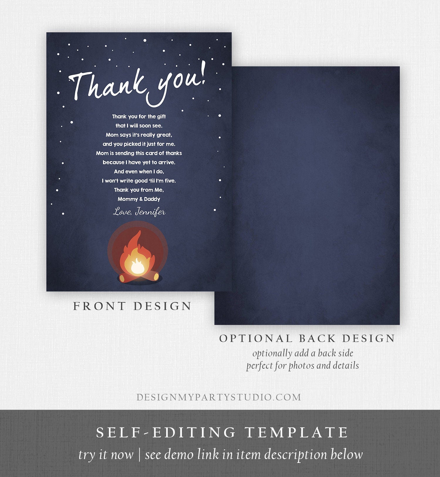 Editable Thank You Card Movie Night Outdoor Campfire Camping Under the Stars Blue Sky Midnight Fire Printable Corjl Template Digital 0268