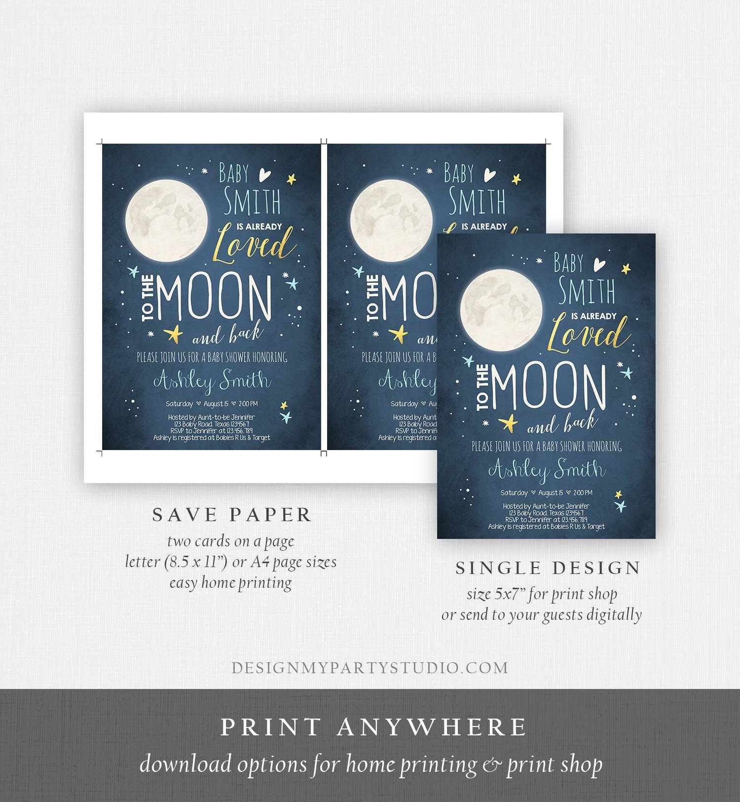 Editable Love You to the Moon and Back Baby Shower Invitation Boy Blue Stars Moon Gold Baby Arriving Instant Download Corjl Template 0017