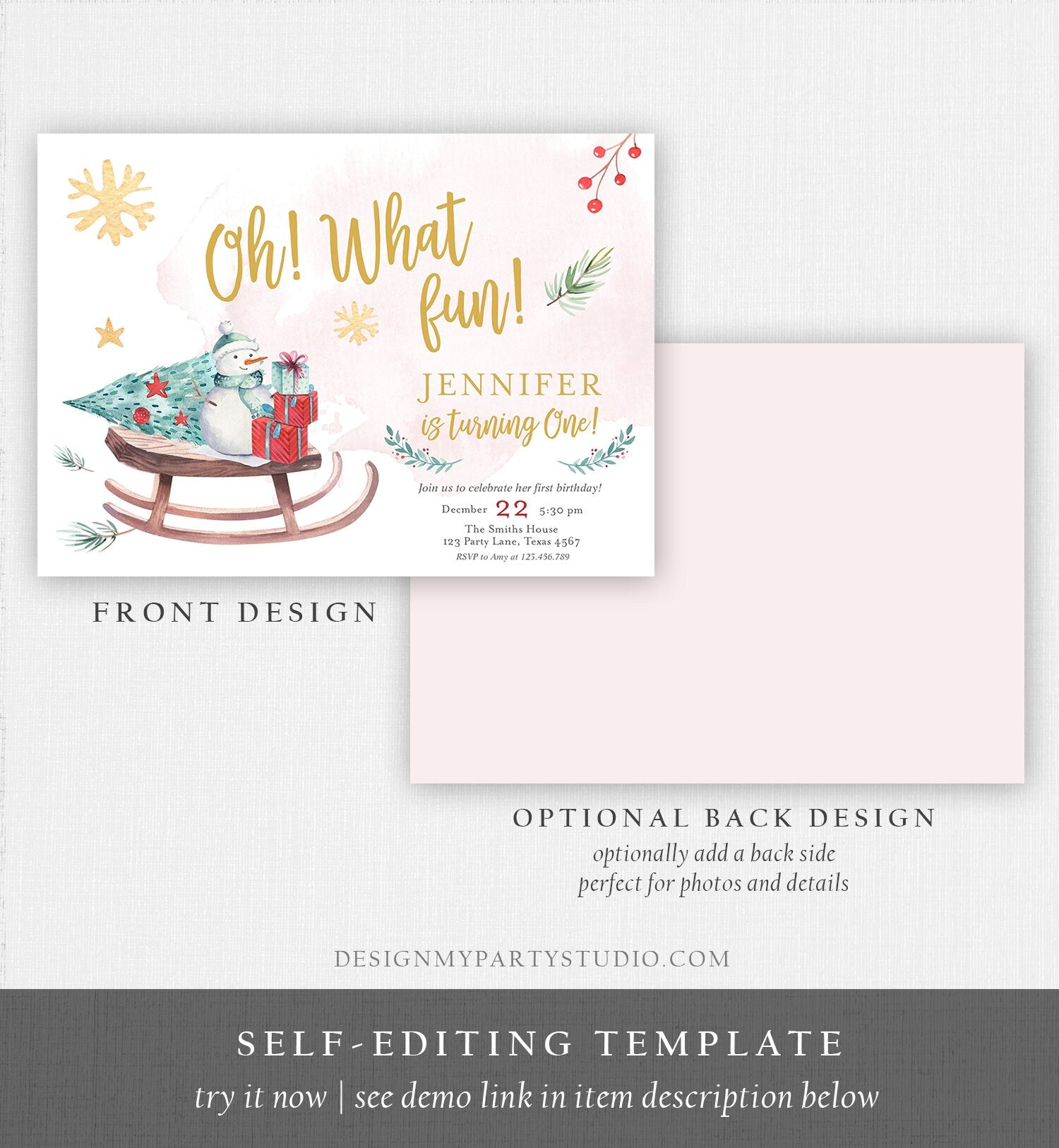 Editable Oh What Fun! Holiday First Birthday Invitation Winter Christmas Party Turning One Sleigh Trees Girl Gold Printable Template 0193